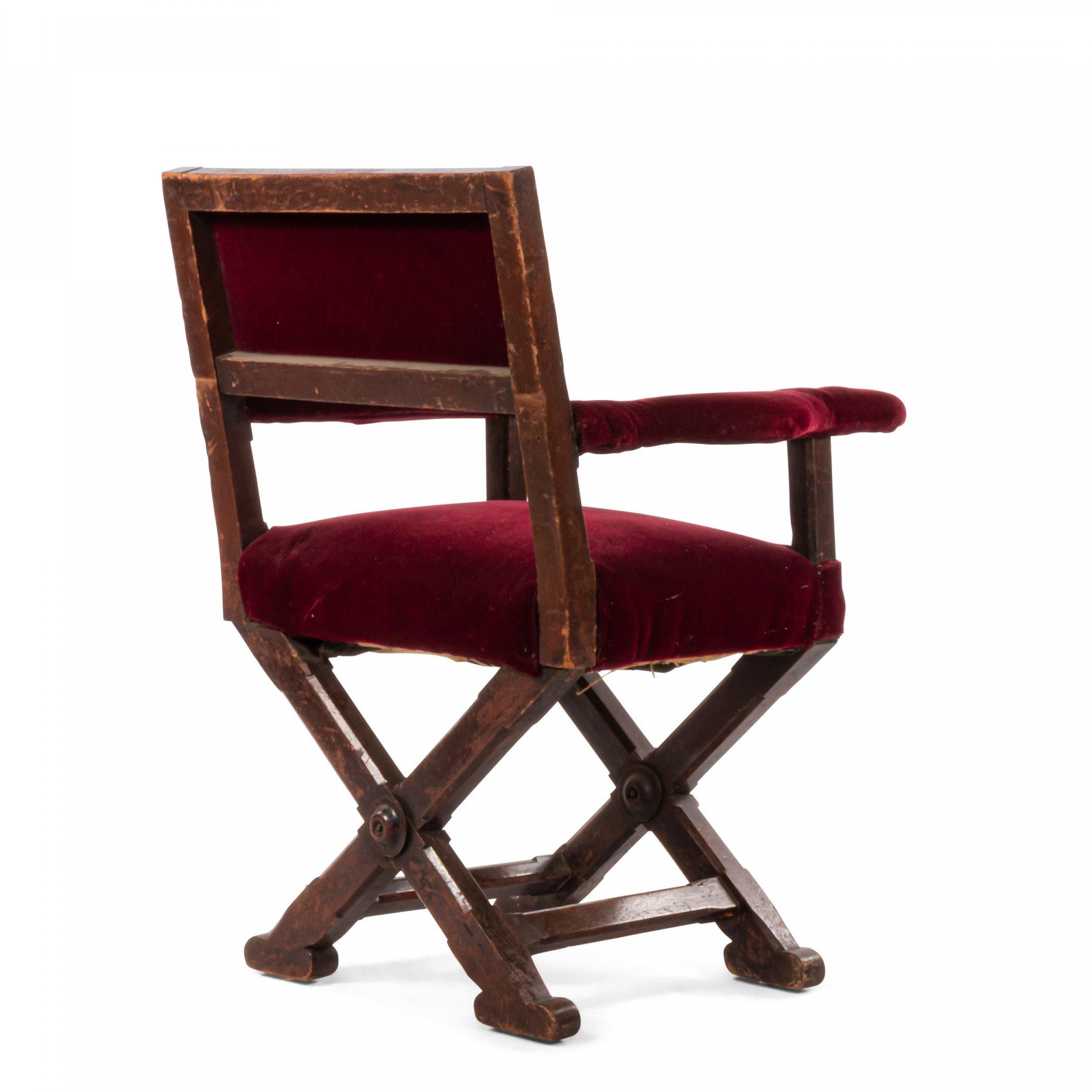 Italian Renaissance Cross Leg Walnut and Red Velvet Armchair 3