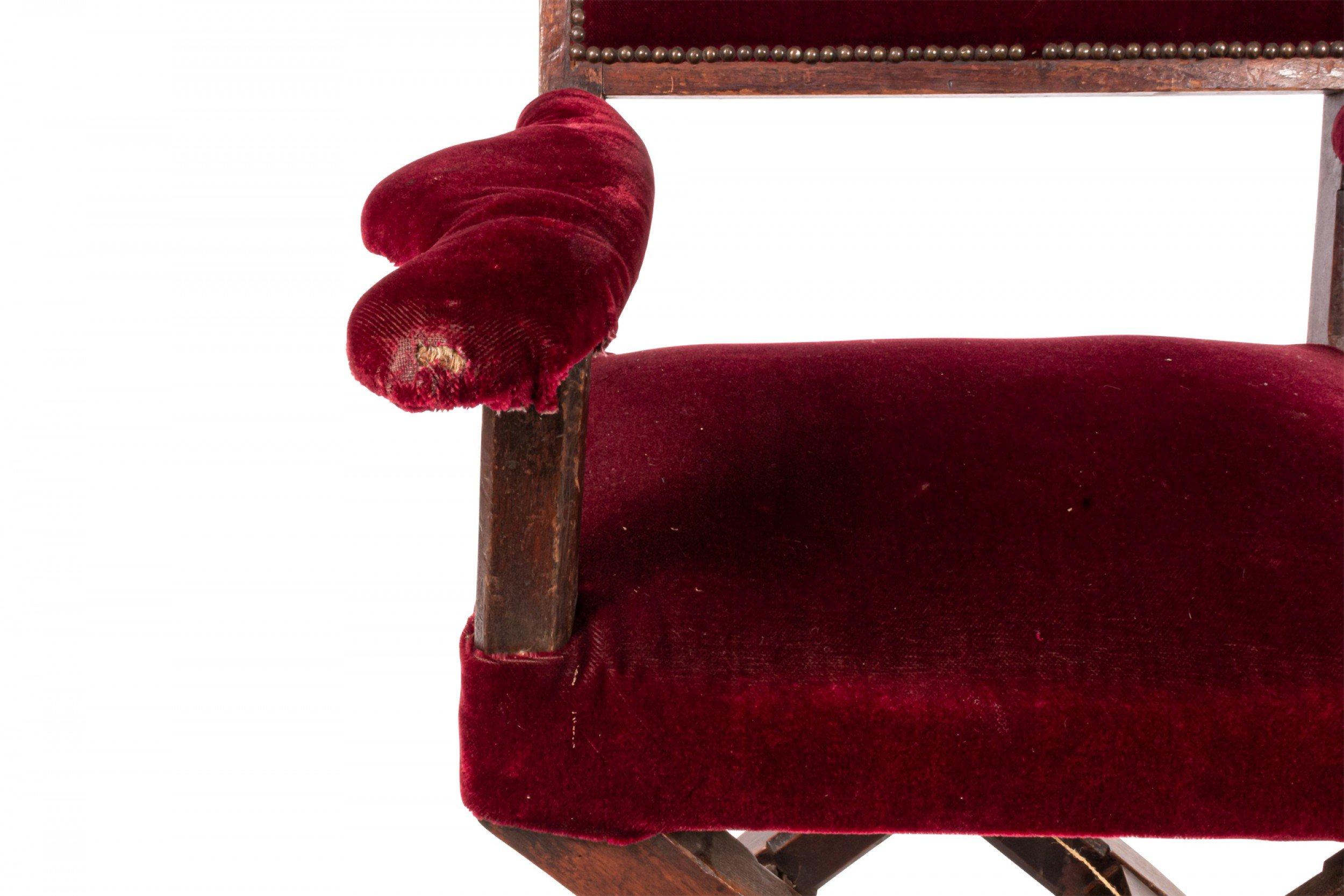 Italian Renaissance Cross Leg Walnut and Red Velvet Armchair 4