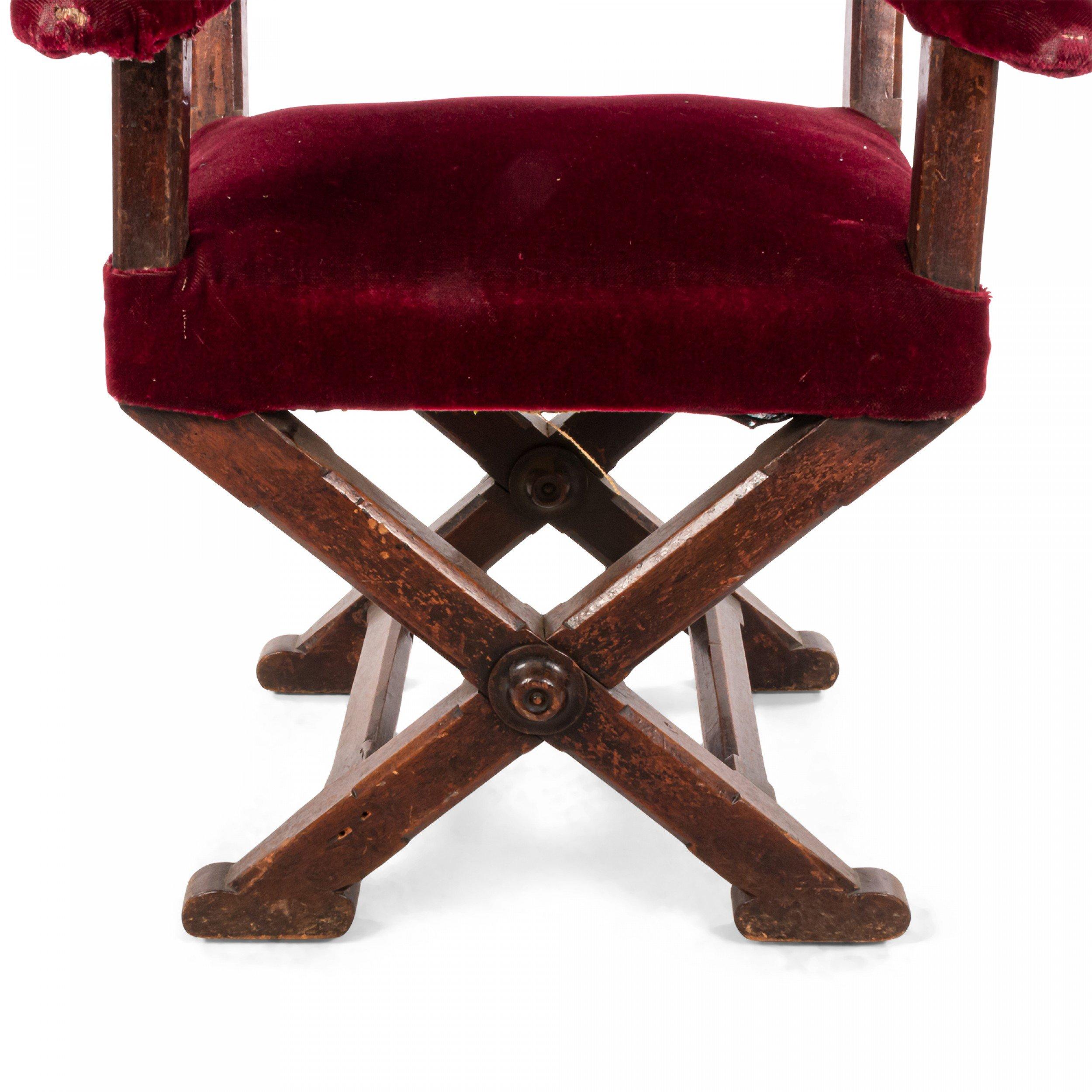 Italian Renaissance Cross Leg Walnut and Red Velvet Armchair 5