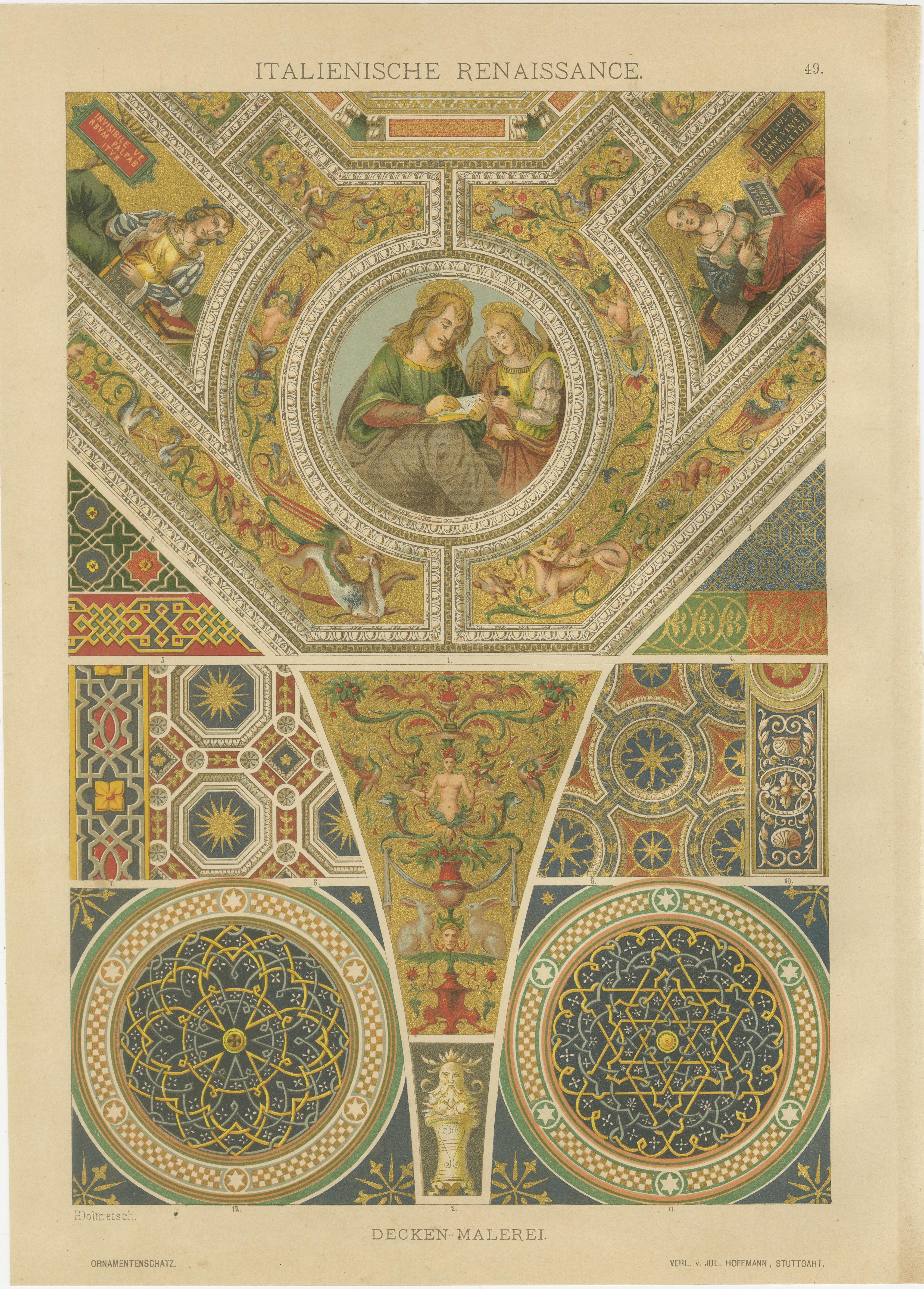 Italienisches Renaissance Design Drucke von H. Dolmetsch aus Ornamentenschatz, ca. 1880

Dieser Satz antiker Originaldrucke stammt aus dem berühmten Ornamentenschatz, einer der ambitioniertesten Kunstgewerbepublikationen des 19. Jahrhunderts. Diese