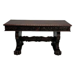 Italian Renaissance, Desk or Center Table, Walnut, Hand Carved, Italy, 1880s