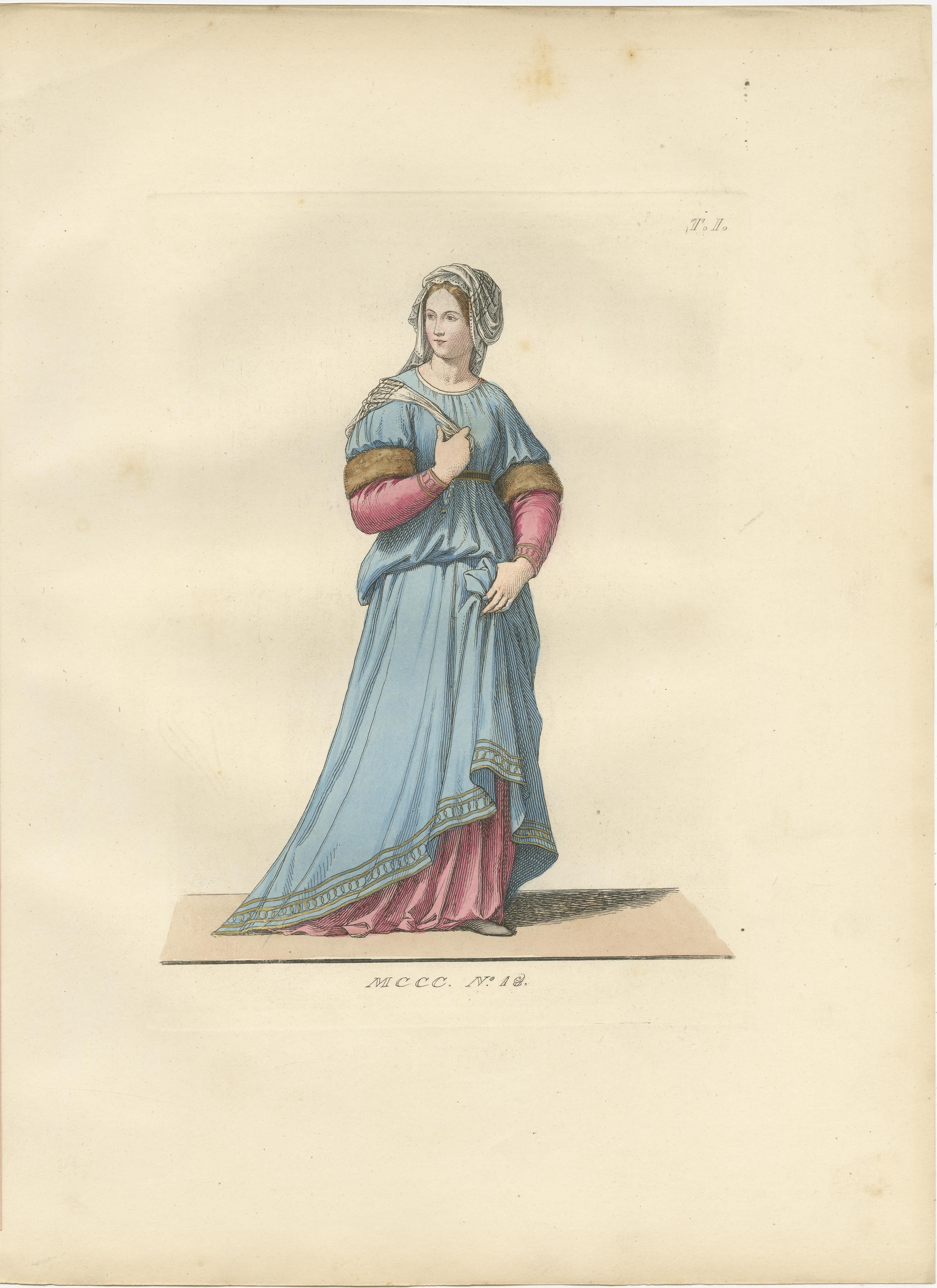 Italian Renaissance Dress: Noblewoman, Page, and Soldier in Fine Detail

Description:
This vibrant set of three hand-colored lithographs captures the essence of Italian fashion during the late Middle Ages and early Renaissance. Taken from the