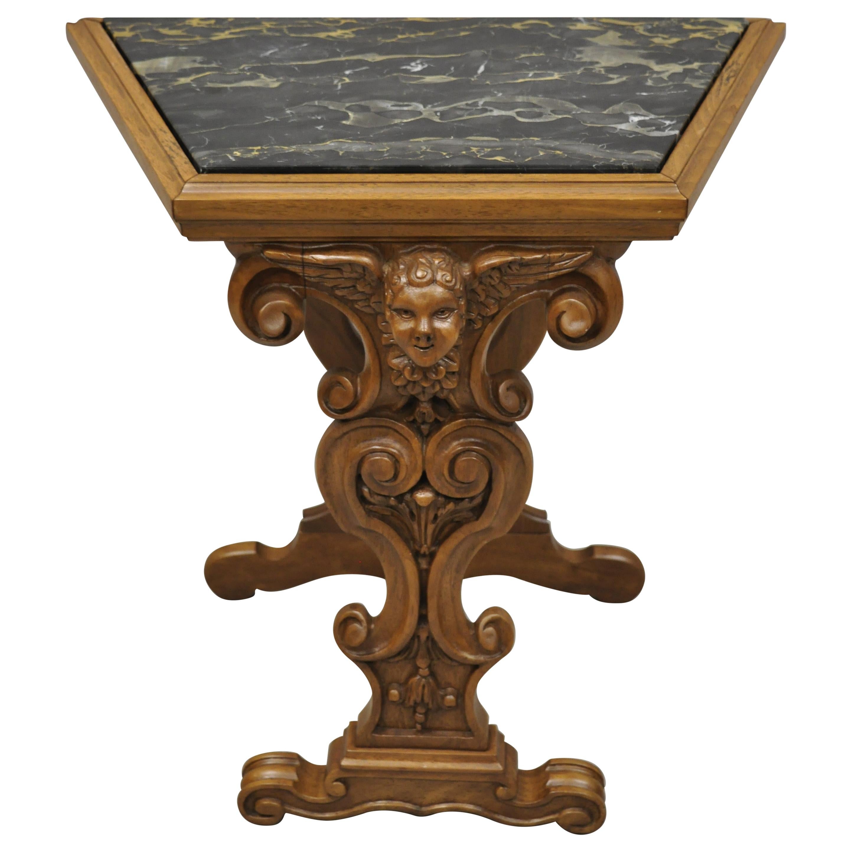 Italian Renaissance Figural Carved Marble Top Side Table with Winged Cherub Head For Sale