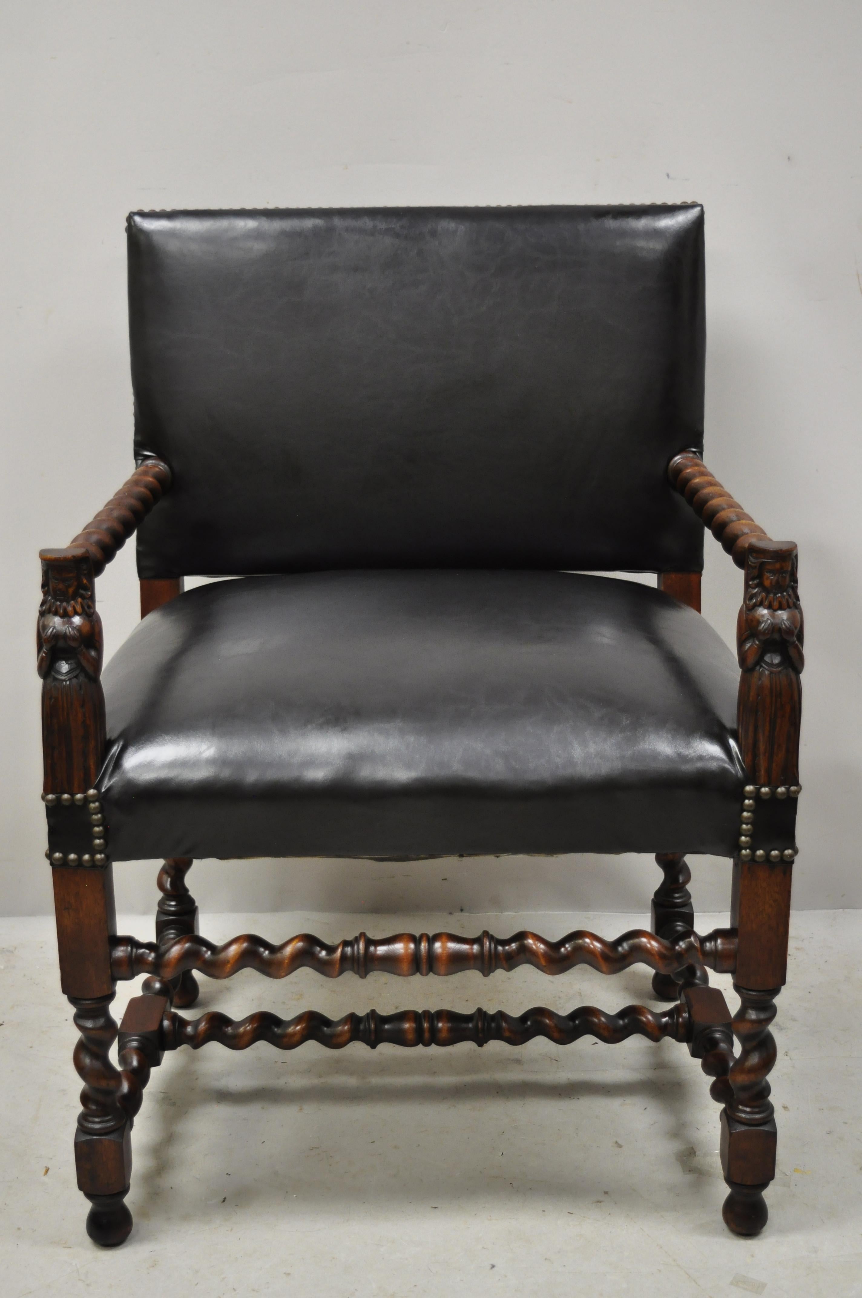 Antique Italian Renaissance figural spiral carved barley twist walnut throne armchair. Item features carved female figures to arm supports, spiral carved frame, black vinyl upholstery, very nice antique item, great style and form, circa early 1900s.