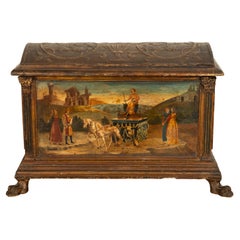 Italian Renaissance Gilded & Painted Polychrome Carved Wood Cassone Chest Coffer