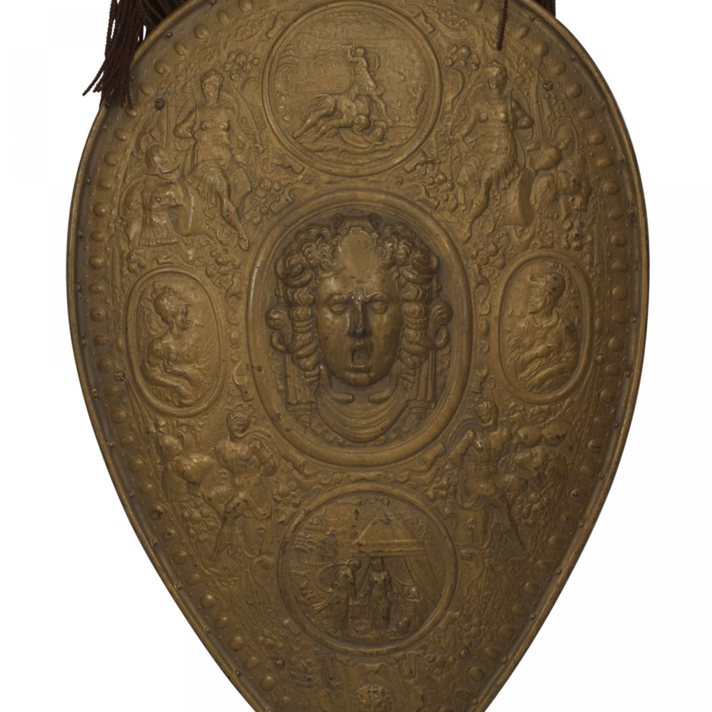 Hand-Painted Italian Renaissance Gilt Metal Shield For Sale