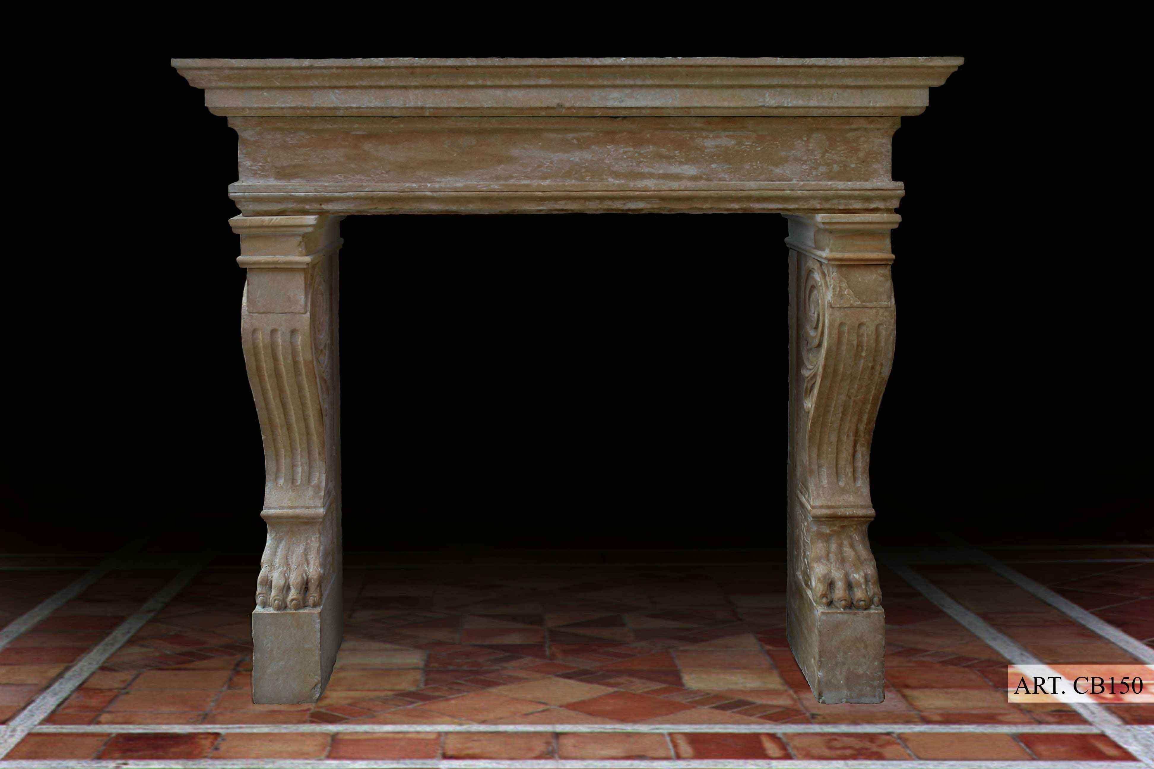 An Italian Renaissance (late) style fireplace, hand-carved in pure limestone from Italy.
Excellent quality of sculptures and art work, volutes inside and outside legs, deep fluting on front legs hand-carved as well, with lions feet on bottom