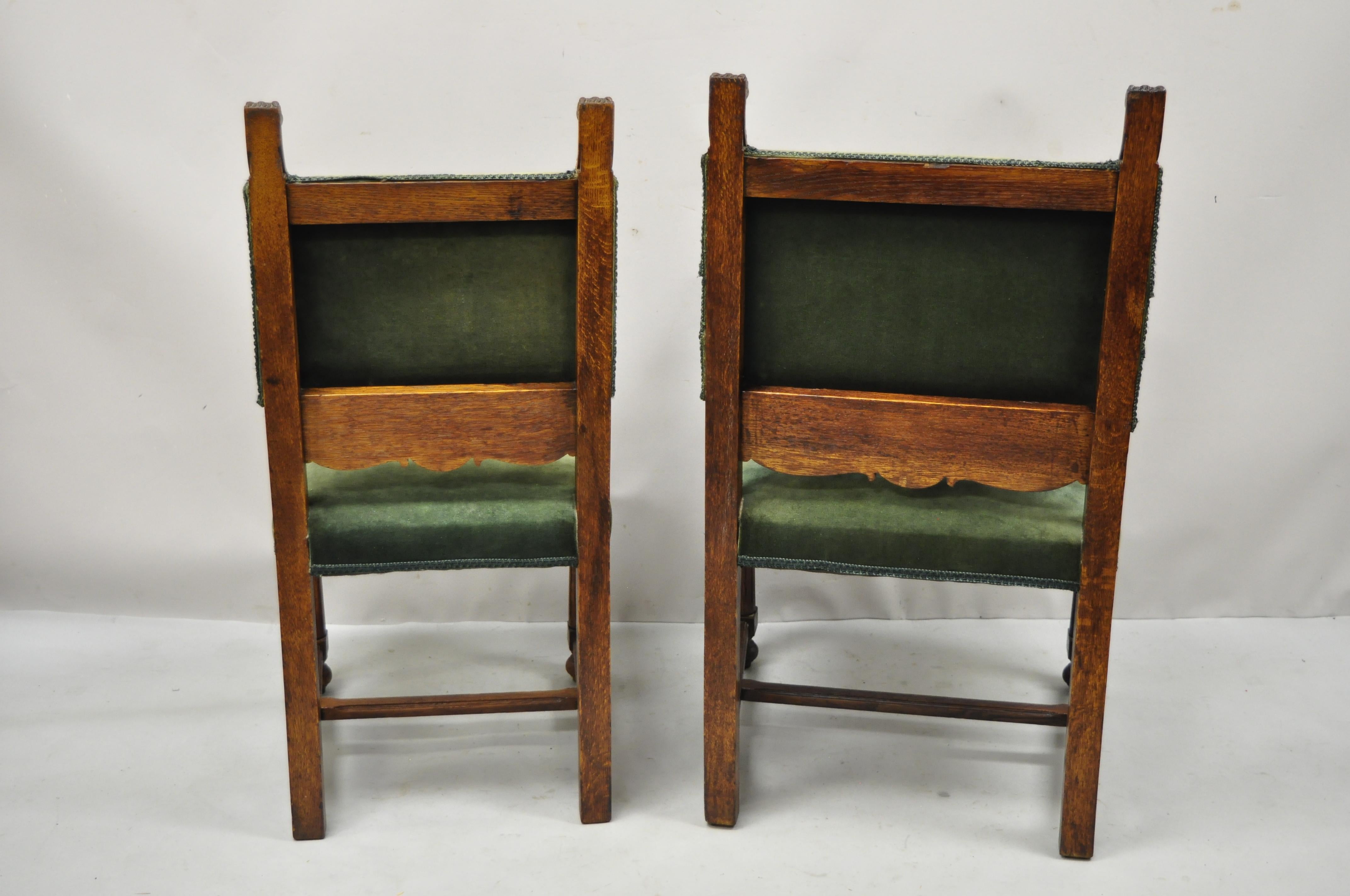 Italian Renaissance Lion Carved Oak Wood Green Mohair Dining Chairs, Set of 6 3