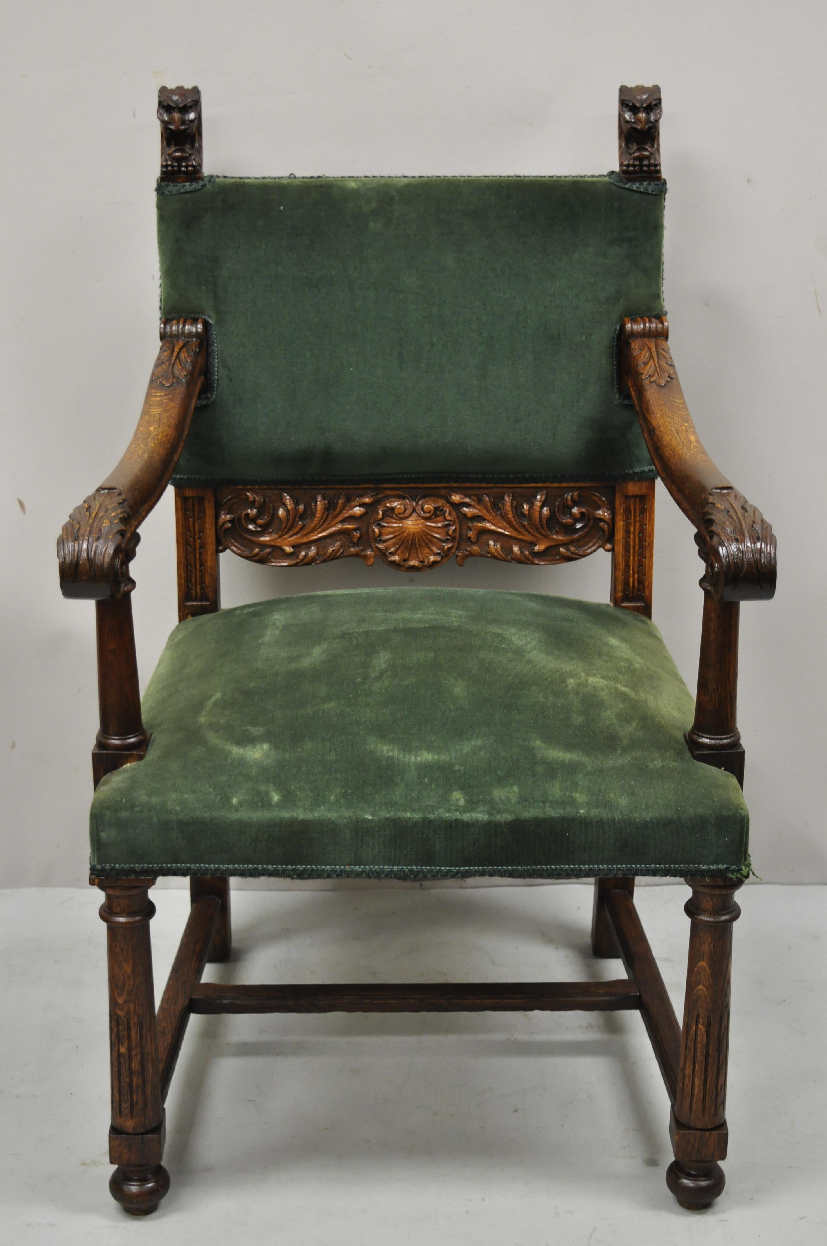 Italian Renaissance Lion Carved Oak Wood Green Mohair Dining Chairs, Set of 6 4