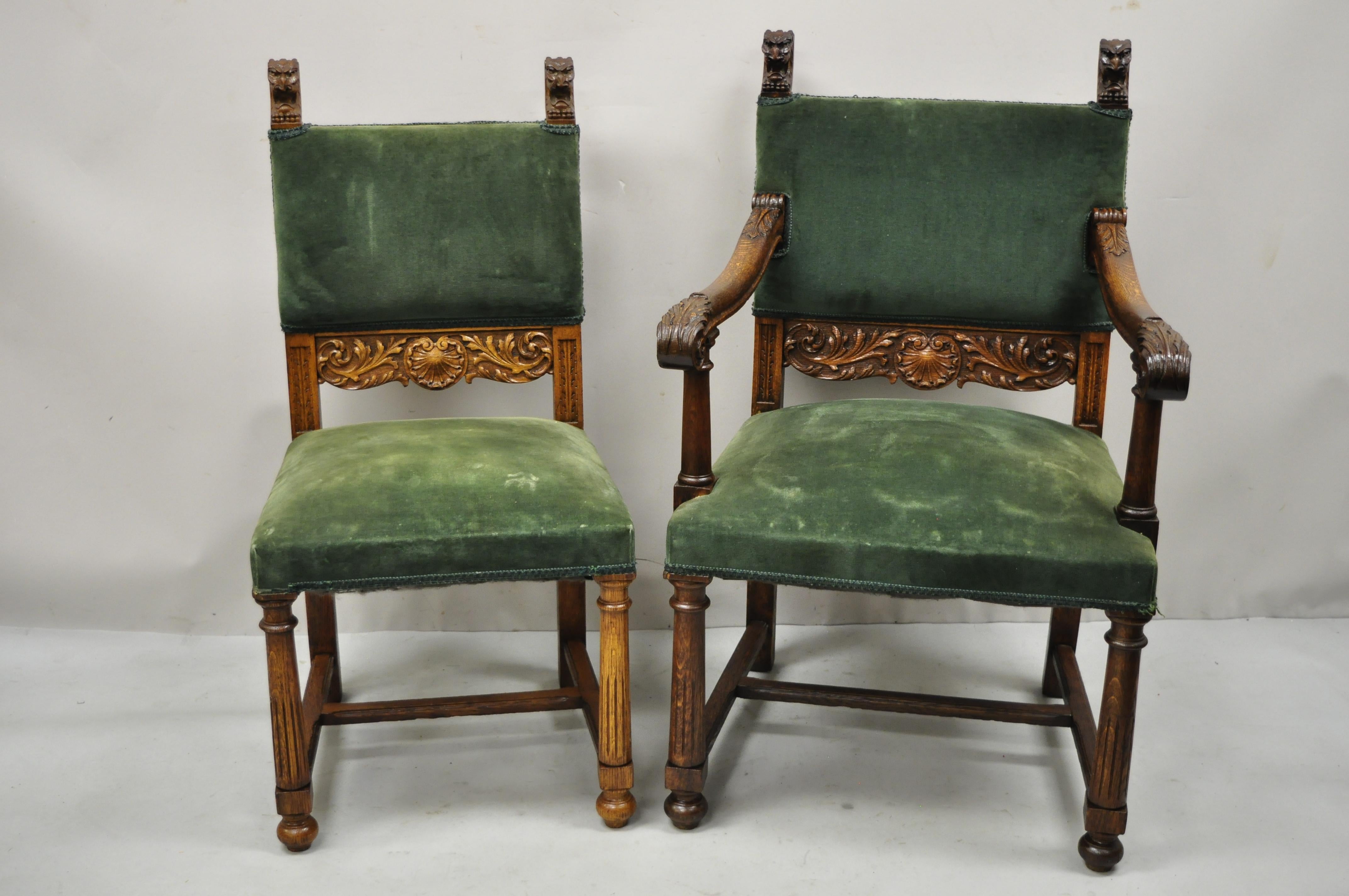 Italian Renaissance Lion Carved Oak Wood Green Mohair Dining Chairs, Set of 6 5