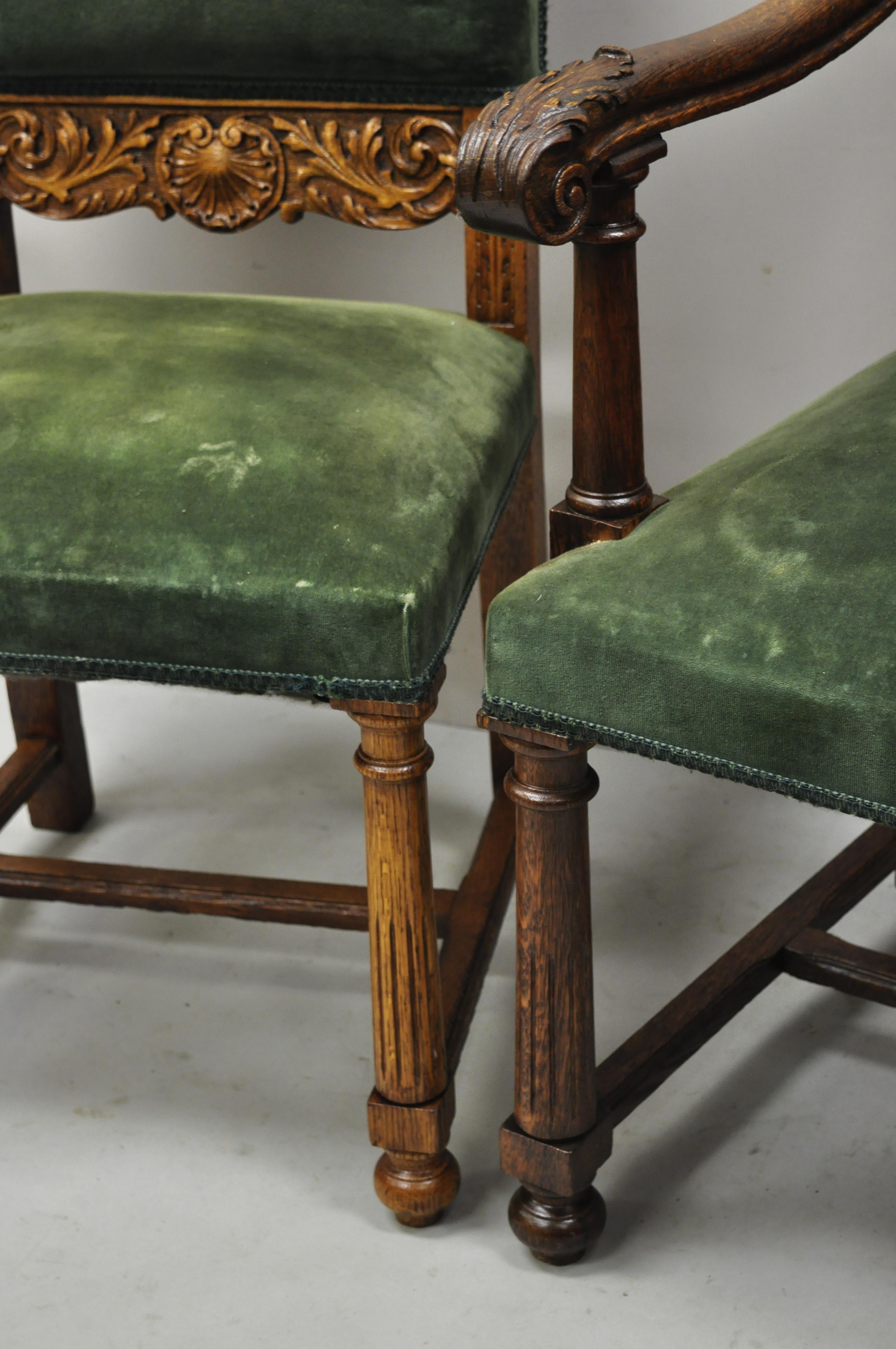 20th Century Italian Renaissance Lion Carved Oak Wood Green Mohair Dining Chairs, Set of 6