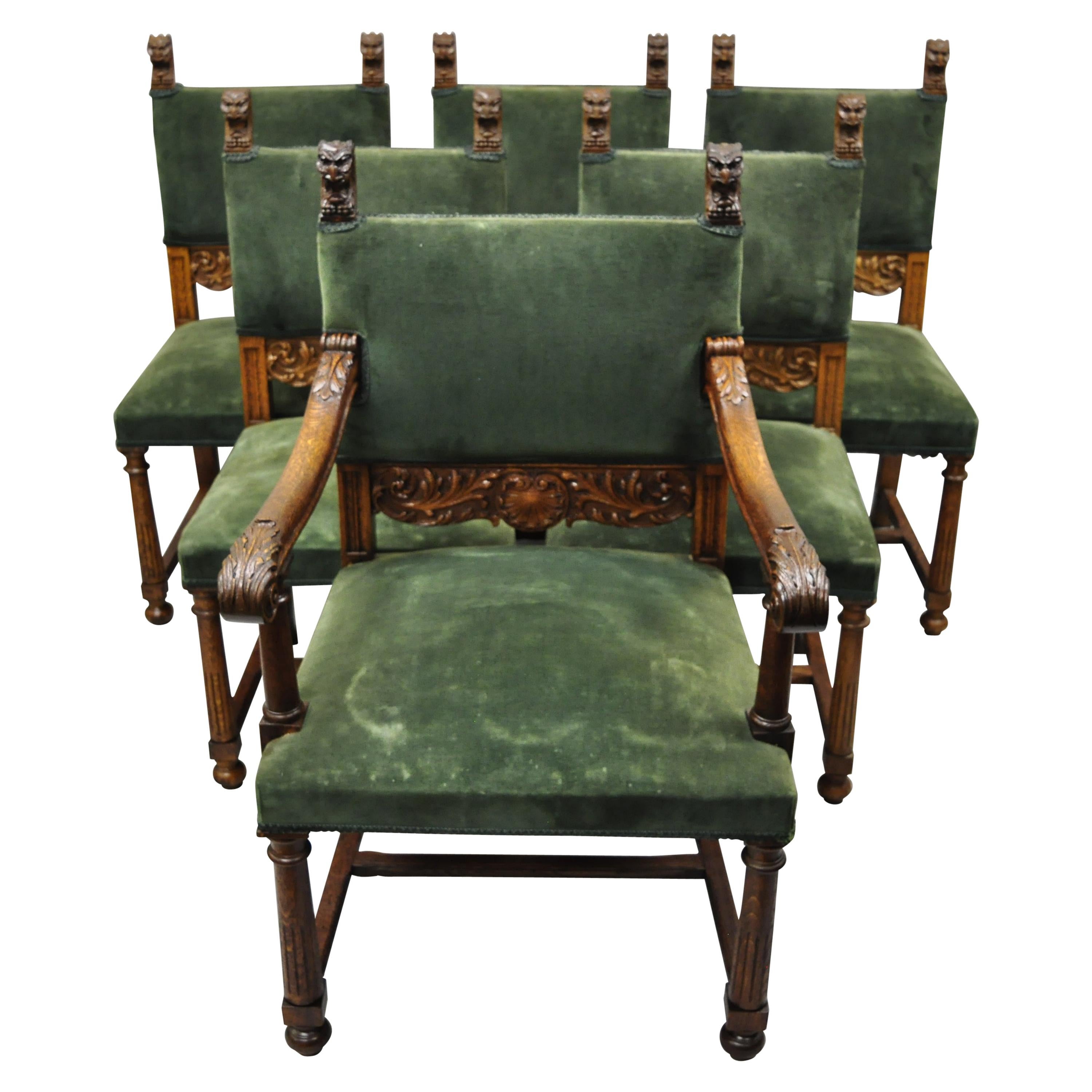 Italian Renaissance Lion Carved Oak Wood Green Mohair Dining Chairs, Set of 6