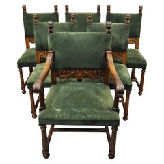 Antique Italian Renaissance Lion Carved Oak Wood Green Mohair Dining Chairs, Set of 6