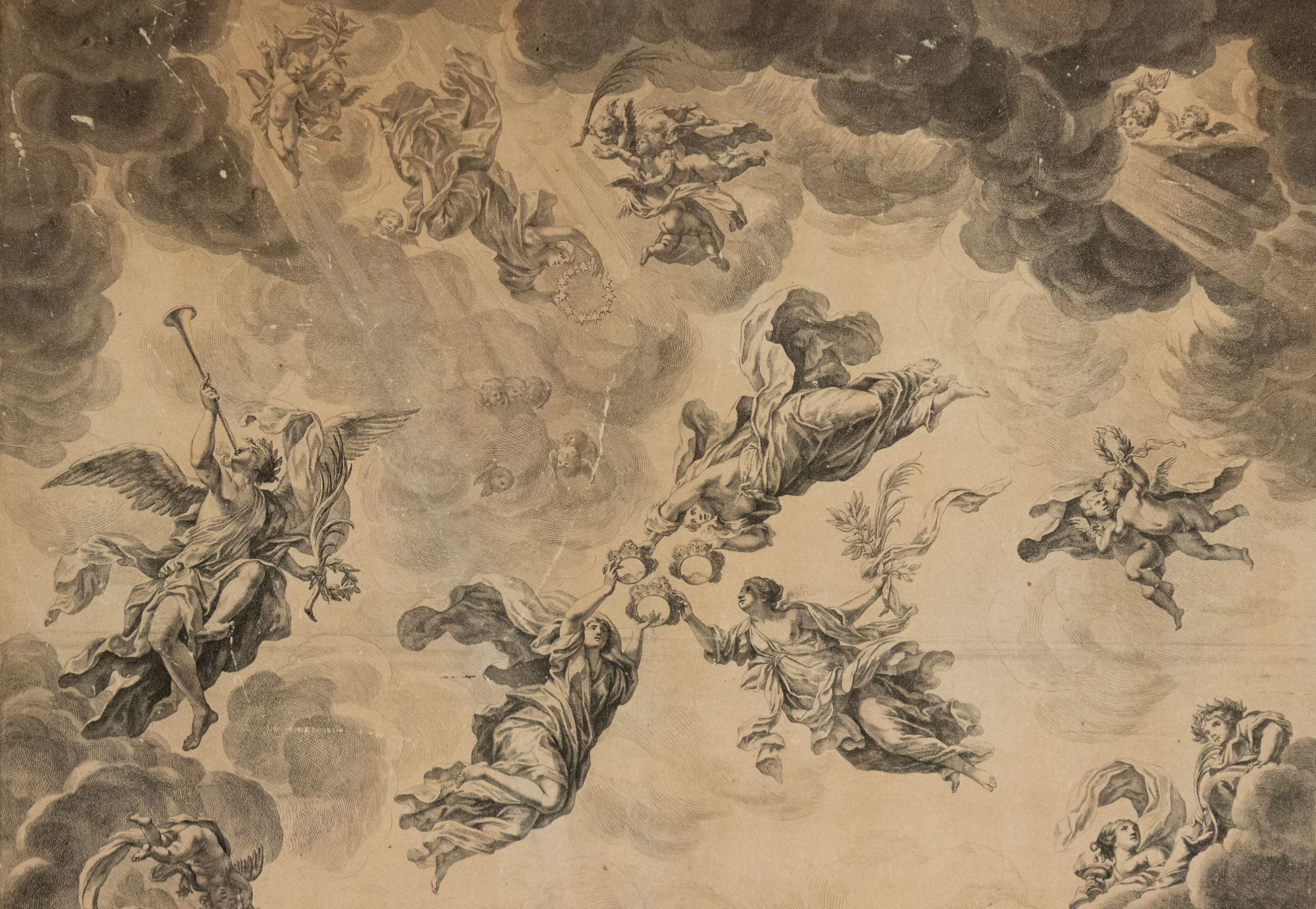 Italian Renaissance style black lacquer framed vertical lithograph of classical scene with angels.