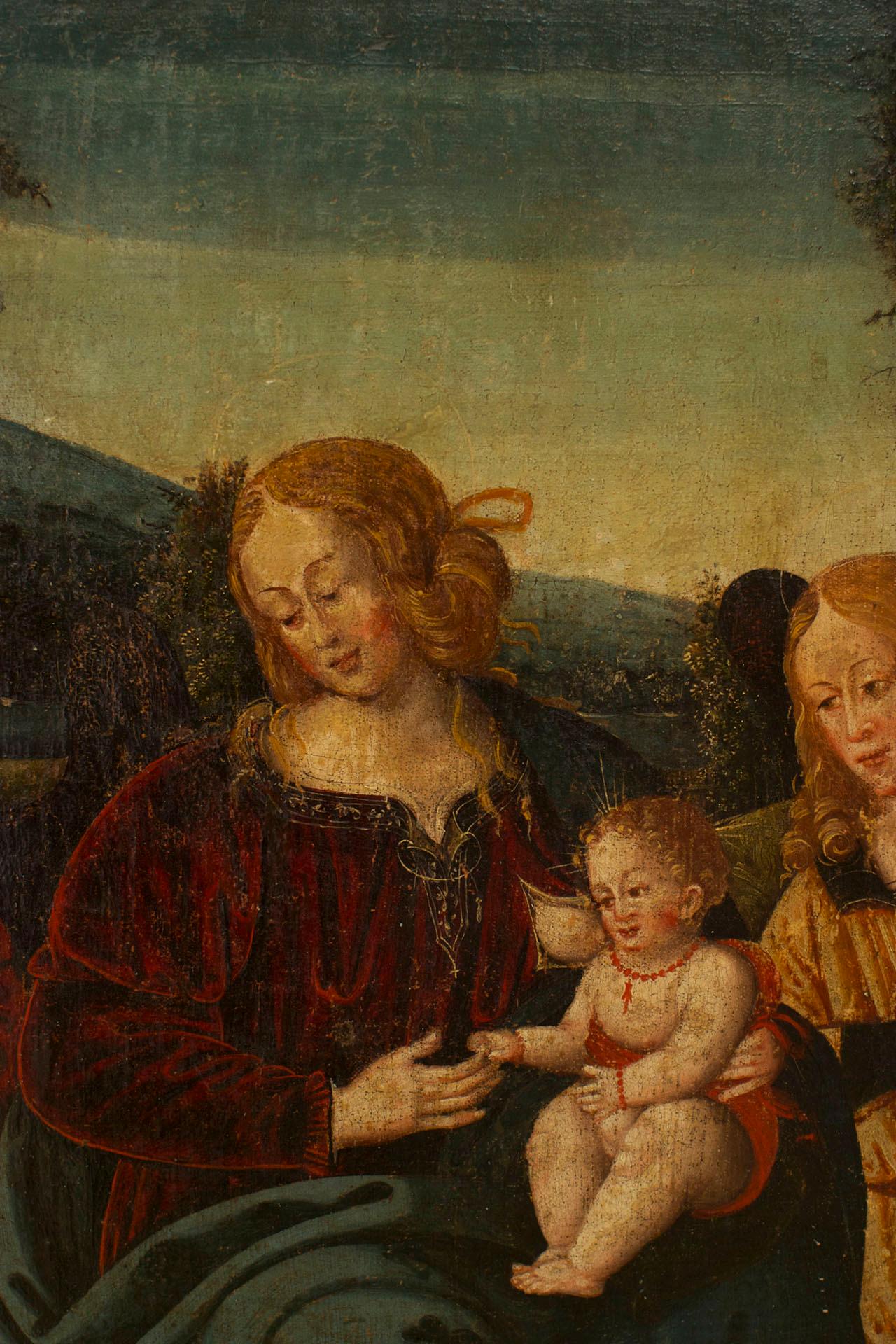 Dipinto a olio con cornice dorata in stile rinascimentale italiano (XIX secolo) raffigurante una Madonna con bambino e 3 assistenti.