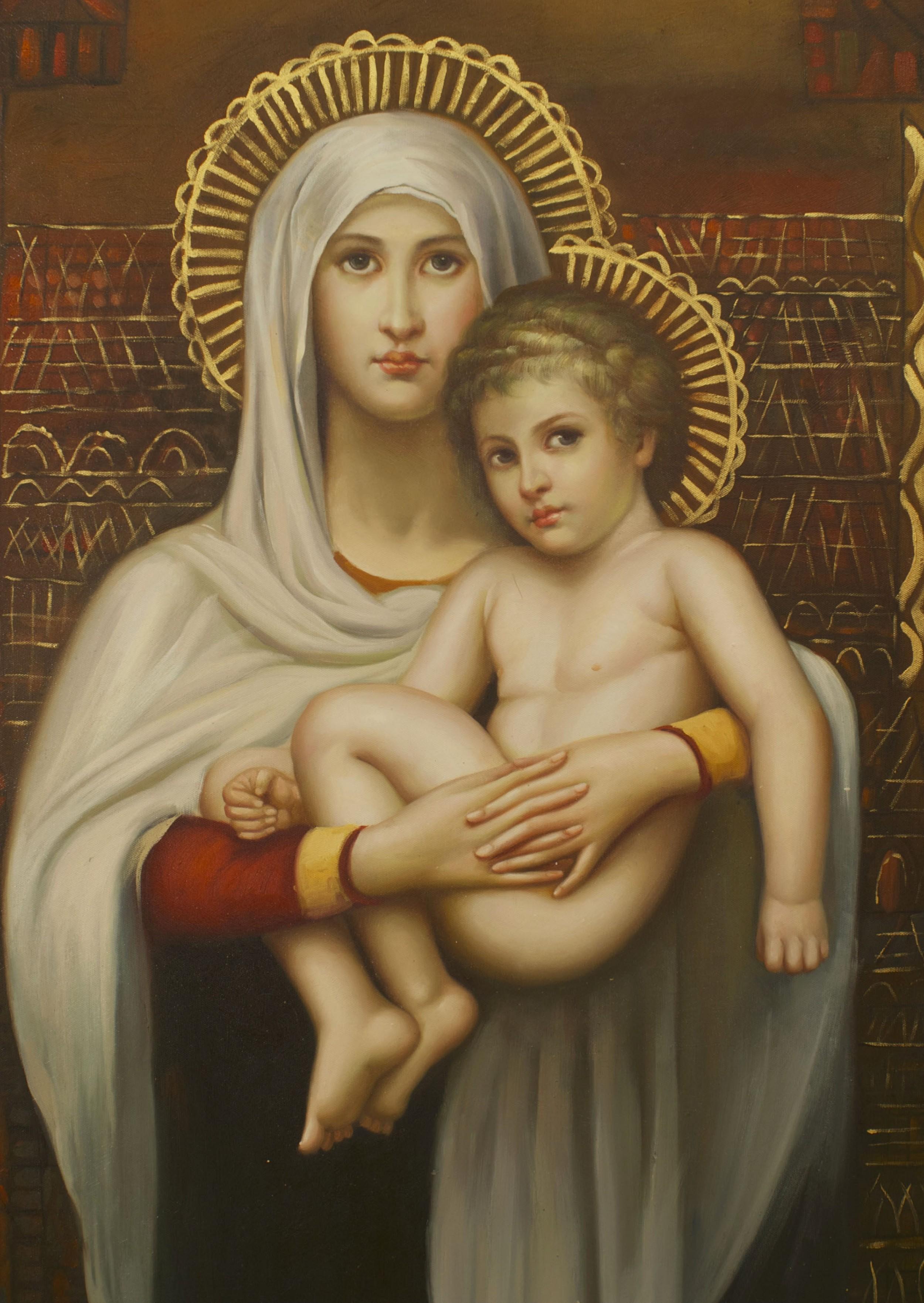 Óleo de estilo renacentista italiano (moderno) de Madonna & Child en marco antiguo tallado en oro