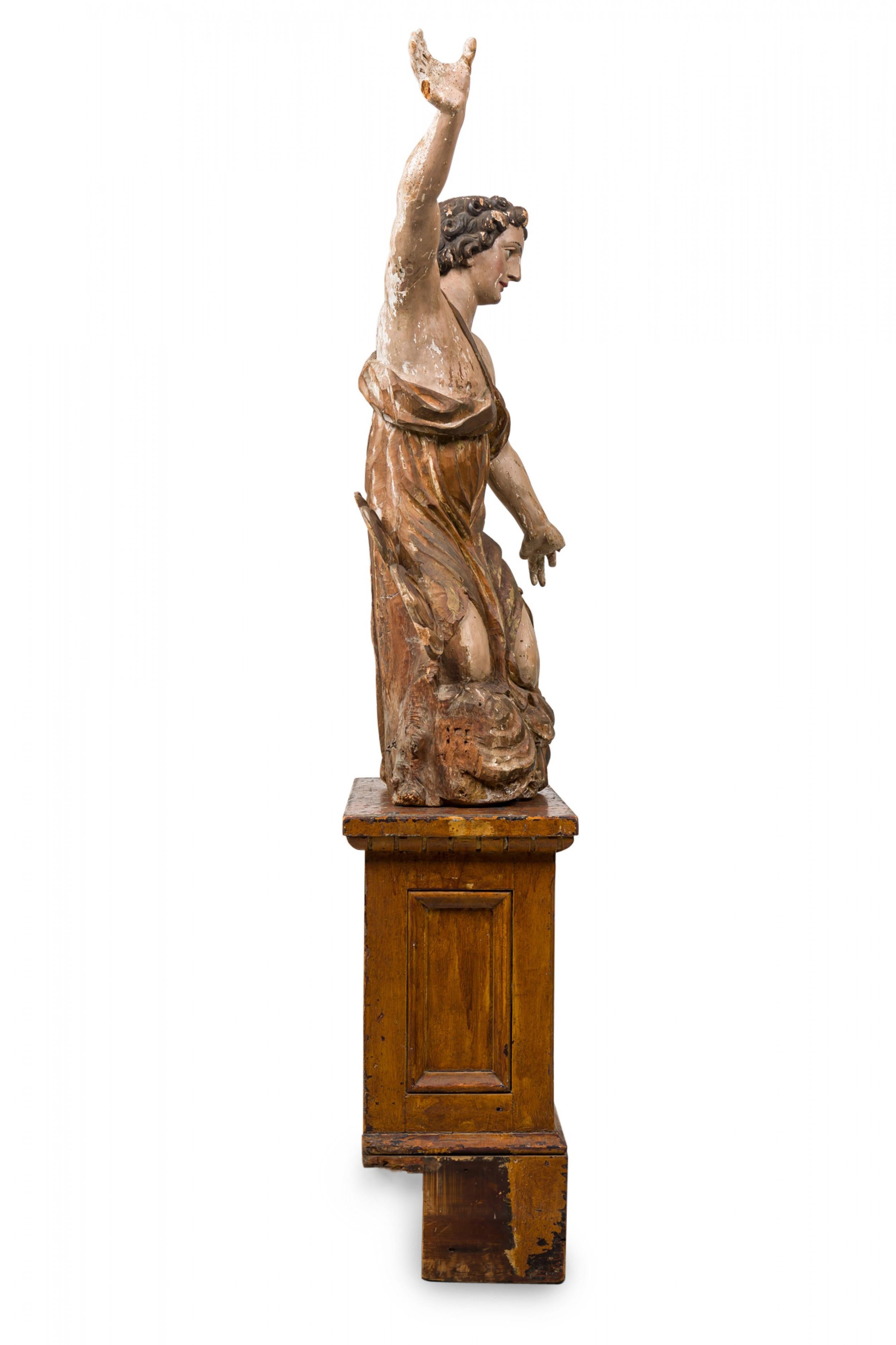 Wood Italian Renaissance Monumental Giltwood Baroque Painted Angel on Stand For Sale