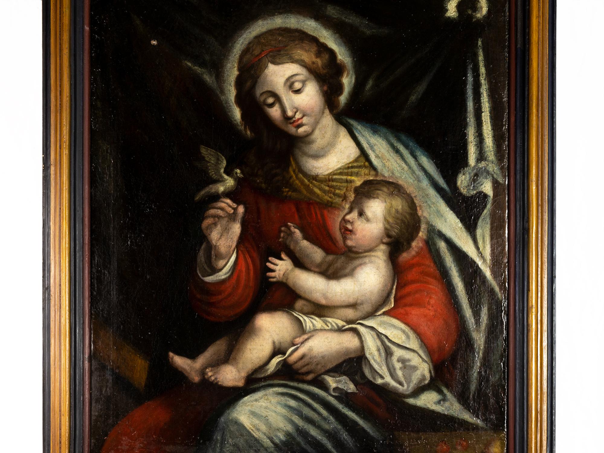 Oiled Italian Renaissance Painting of Our Lady of Peace, 18th Century Religious Art For Sale