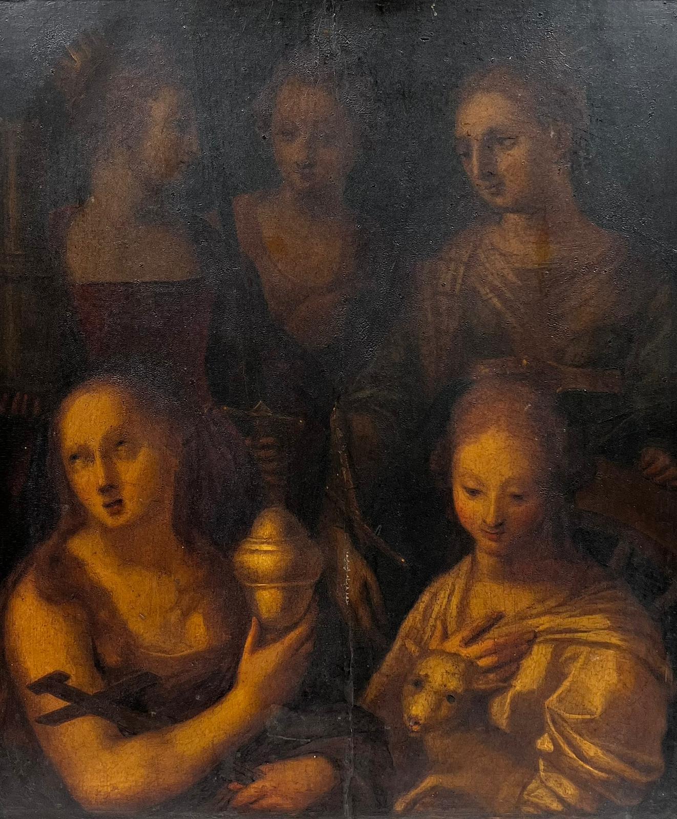 1700's Old Master Oil Wood Panel Five Female Saints Schöne Qualitätsarbeit – Painting von Italian Renaissance