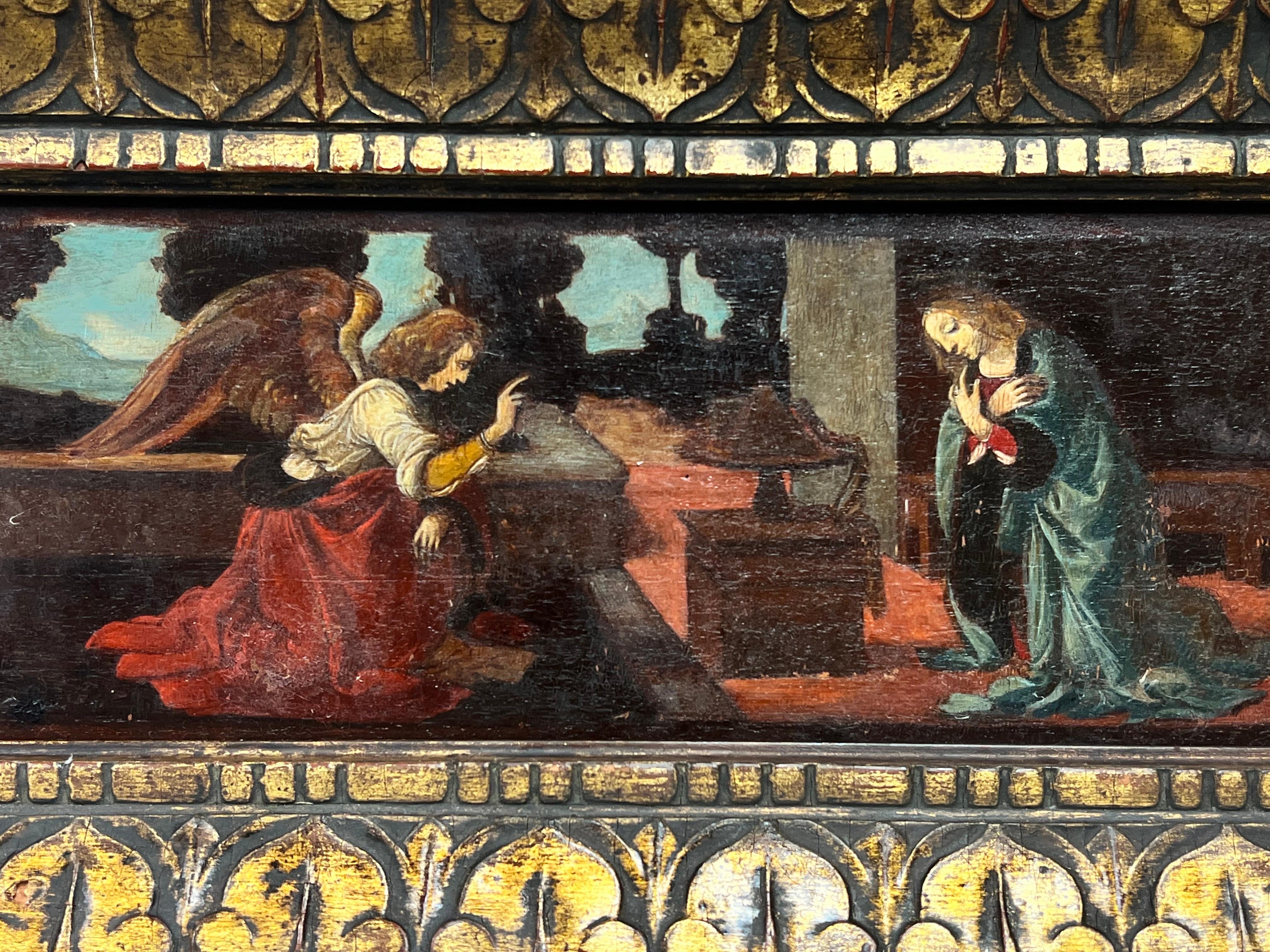 The Annunciation Gabriel Appearing to the Virgin Mary Antique Oil on Wood Panel - Painting by Italian Renaissance