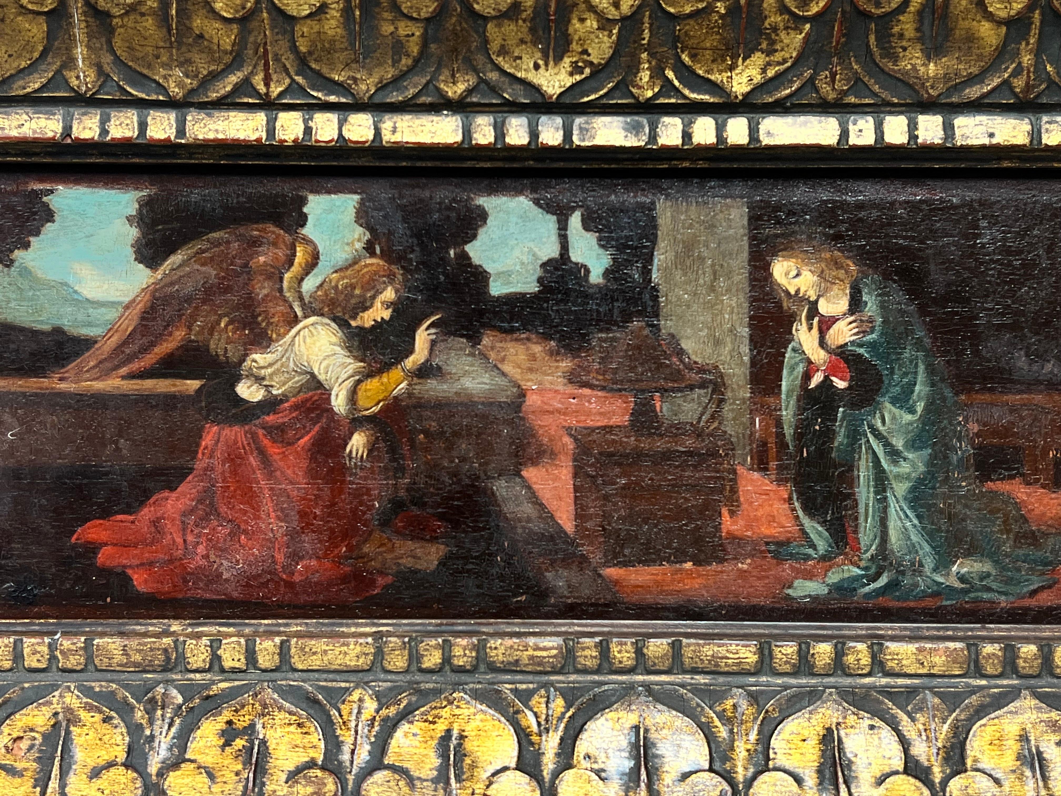L'Annunciazione di Gabriele che appare alla Vergine Maria Olio antico su pannello di Wood - Painting di Italian Renaissance