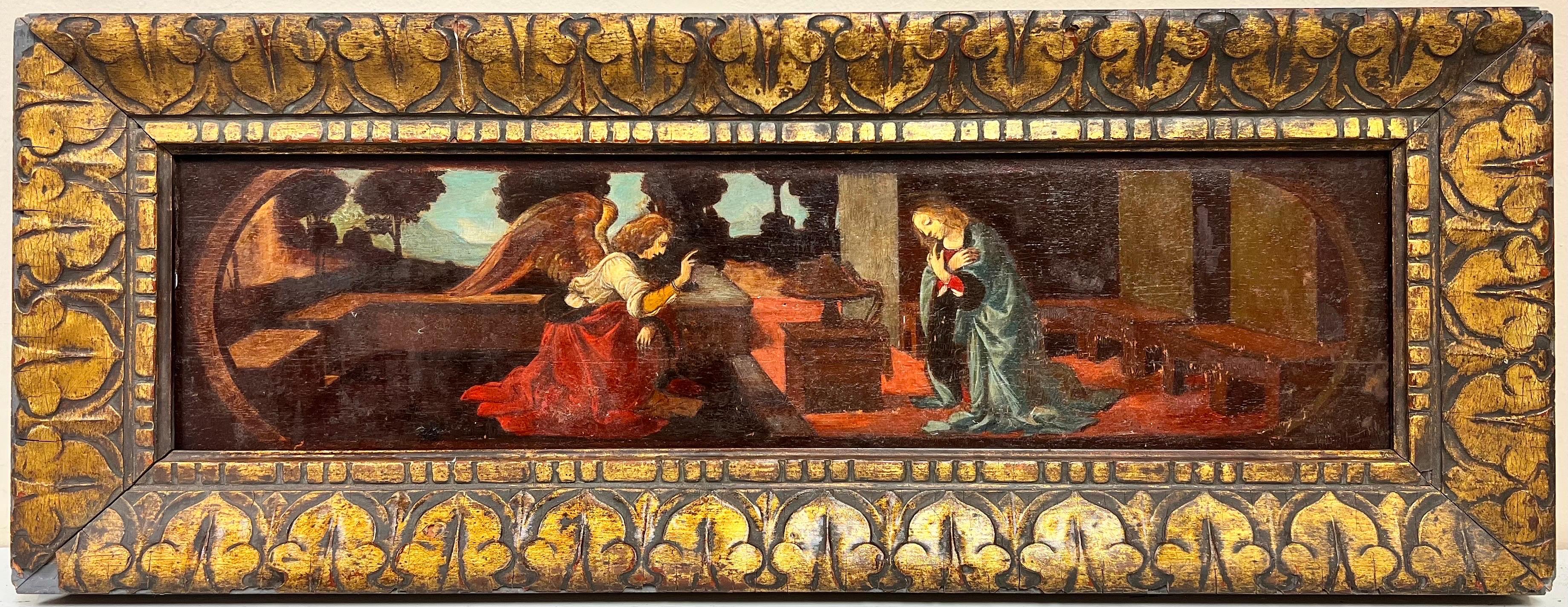 The Annunciation, Gabriel Appearing to the Virgin Mary Antique Oil on Wood Panel