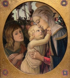 Antique The Madonna with Christ Child & St. John the Baptist Renaissance Masterpiece