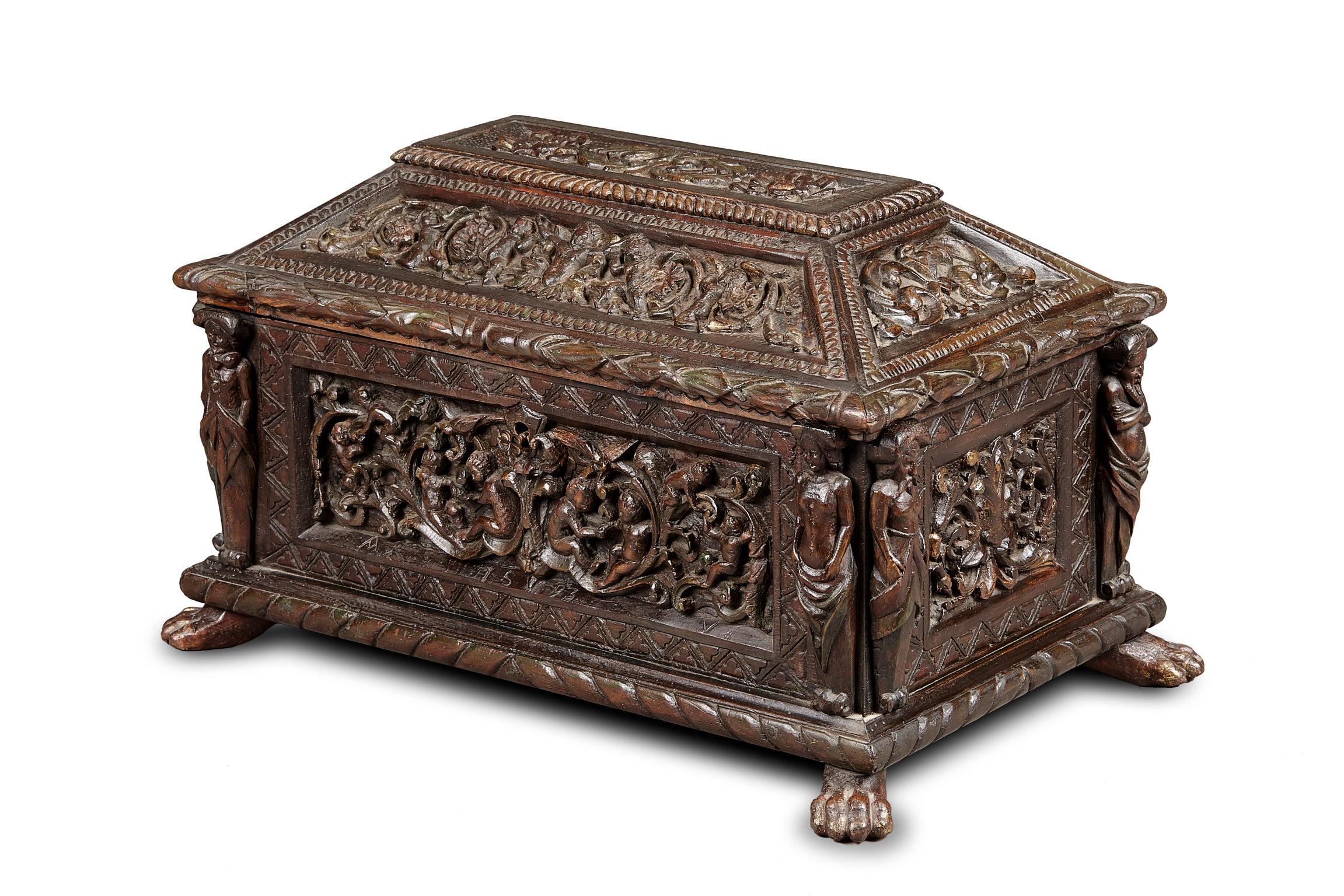 Italian Renaissance Polychrome and Gilt Casket, dated 1593 In Good Condition For Sale In Matlock, Derbyshire