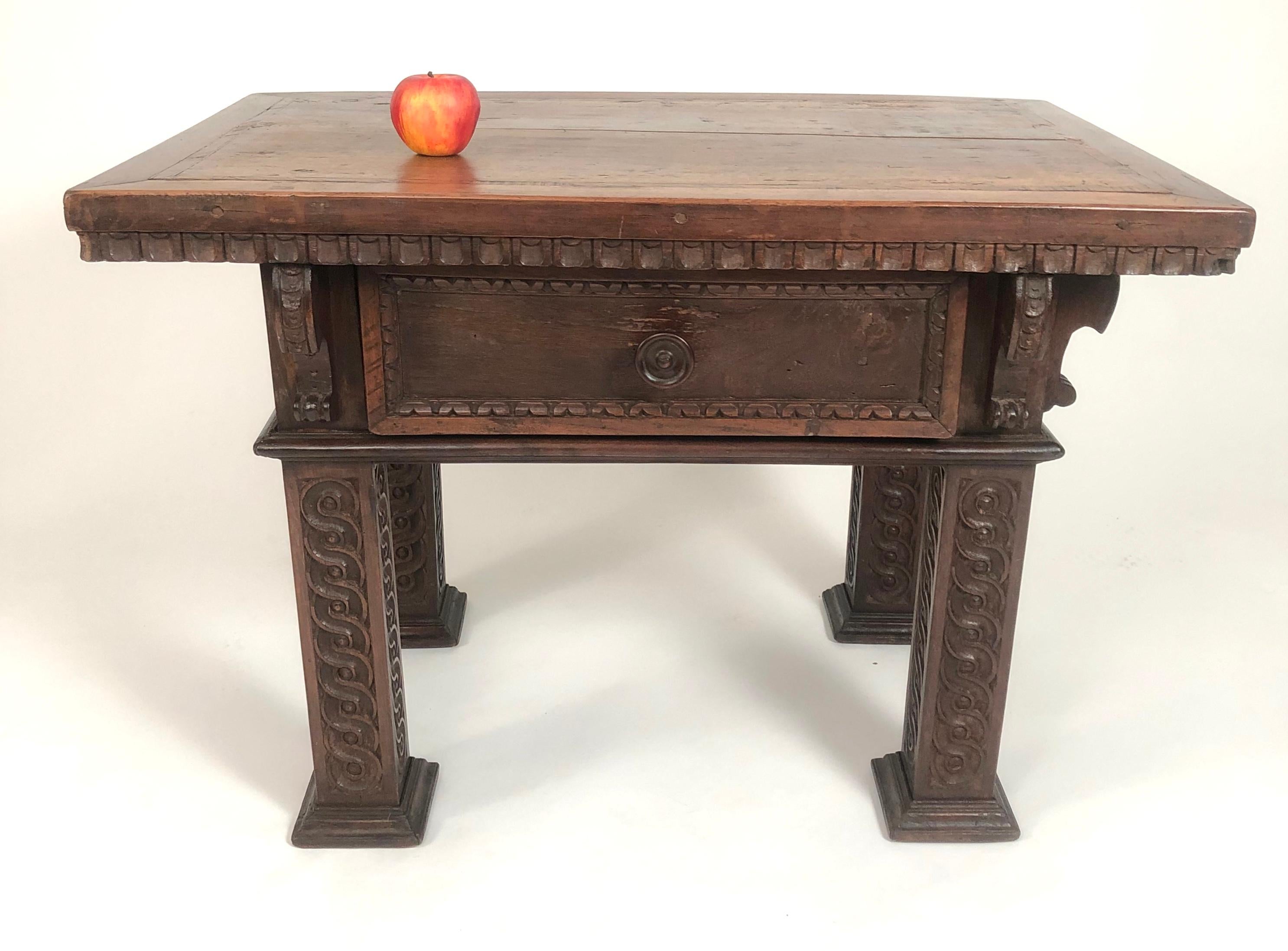 Hand-Carved Italian Renaissance Revival Carved Oak and Walnut Side or Coffee Table
