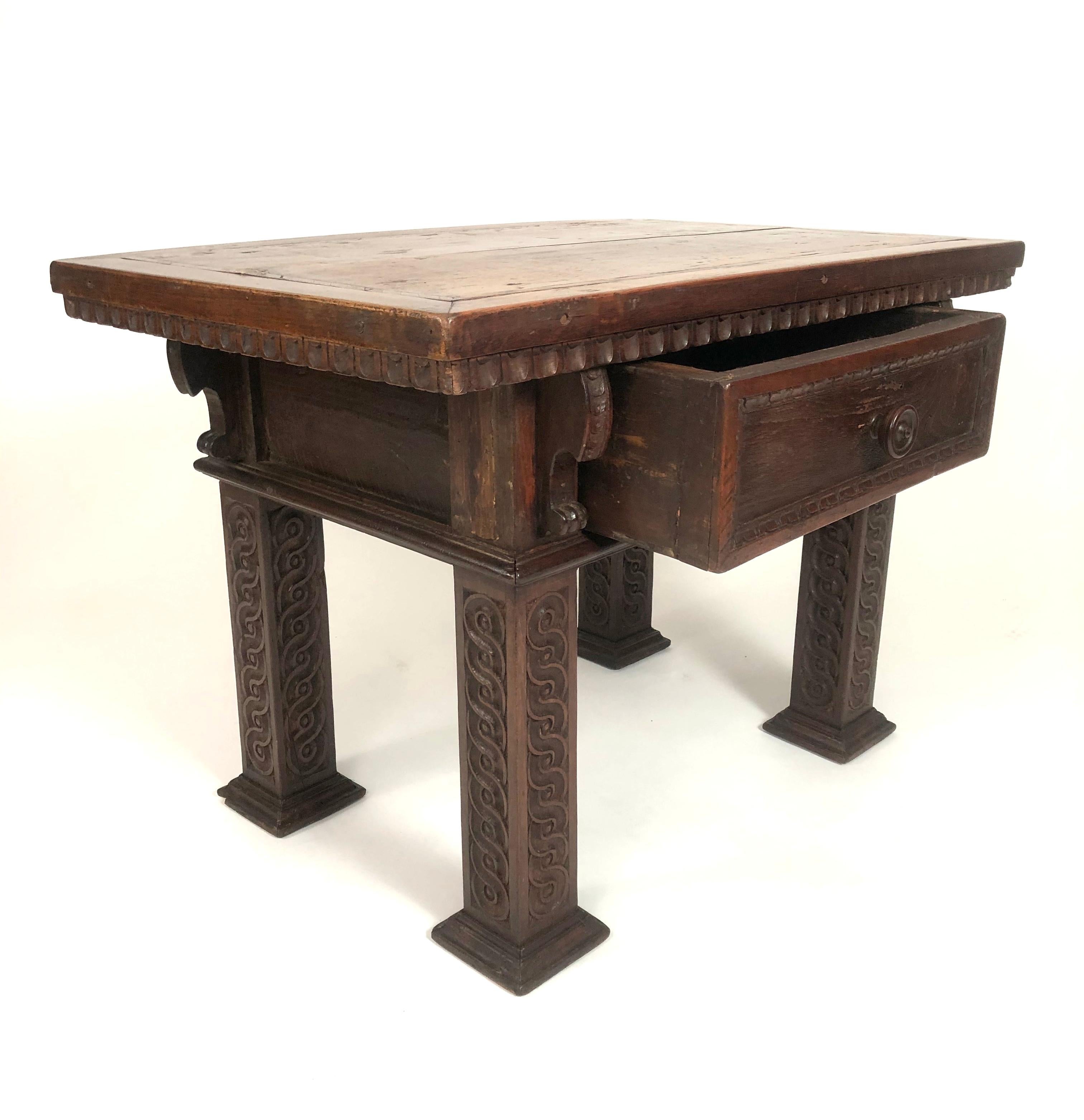Italian Renaissance Revival Carved Oak and Walnut Side or Coffee Table In Good Condition In Essex, MA