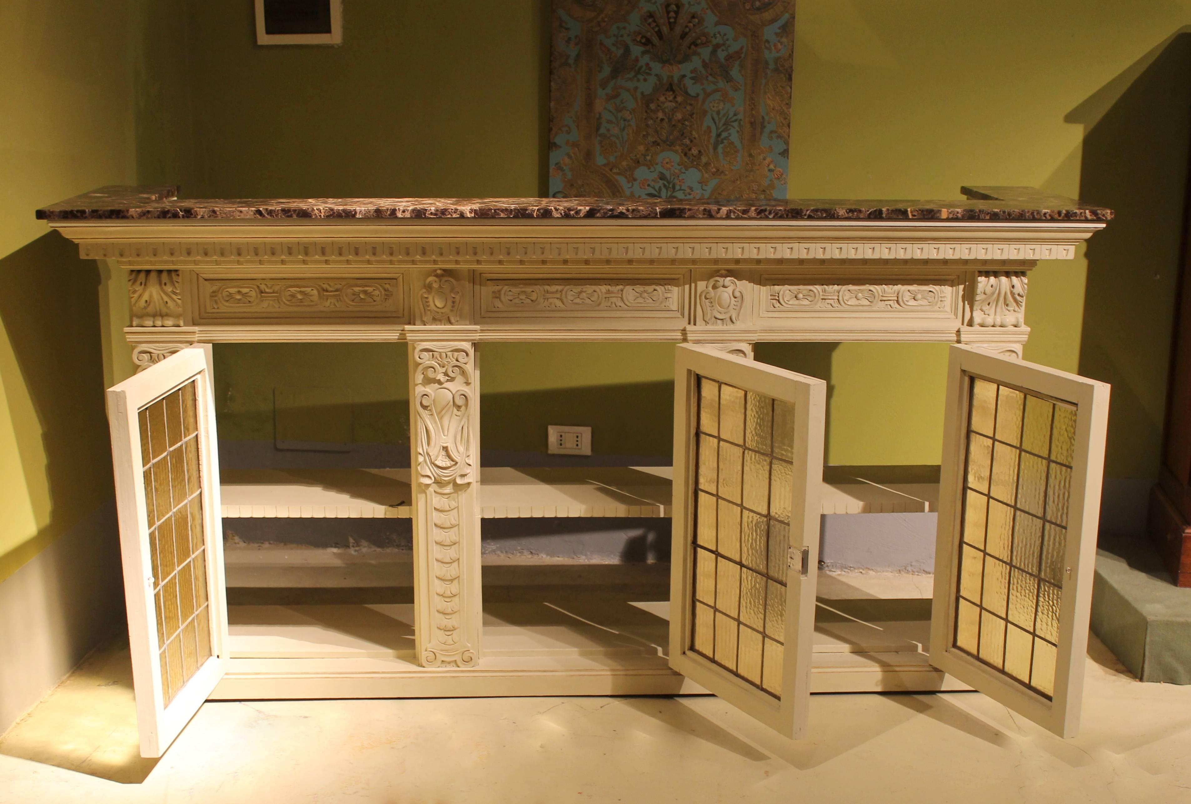 19th Century Italian Renaissance Revival Cream and Gold Lacquer Bar Counter with Marble Top