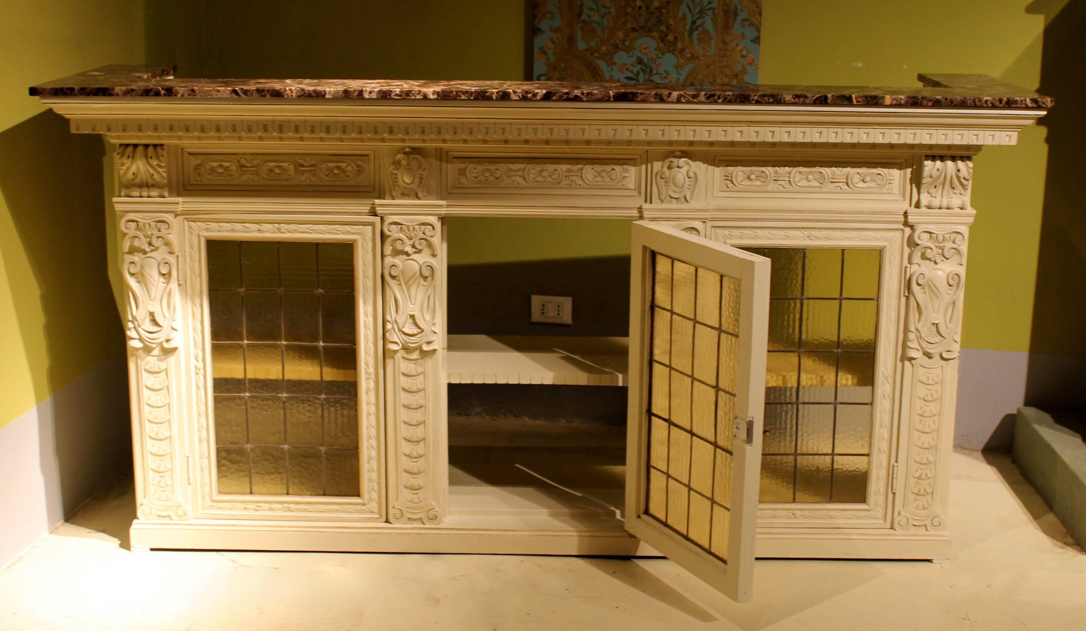 Stained Glass Italian Renaissance Revival Cream and Gold Lacquer Bar Counter with Marble Top