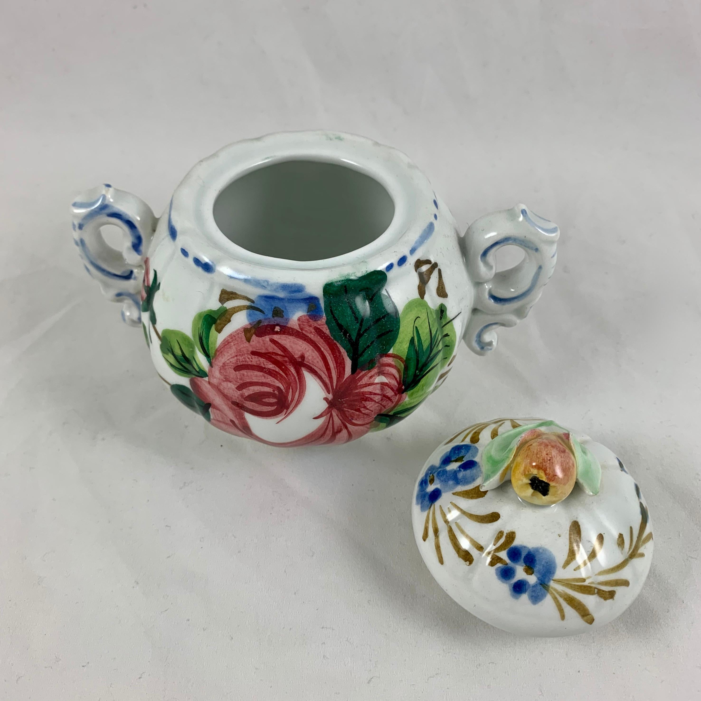 20th Century Italian Renaissance Revival Faïence Floral Covered Sugar Bowl For Sale