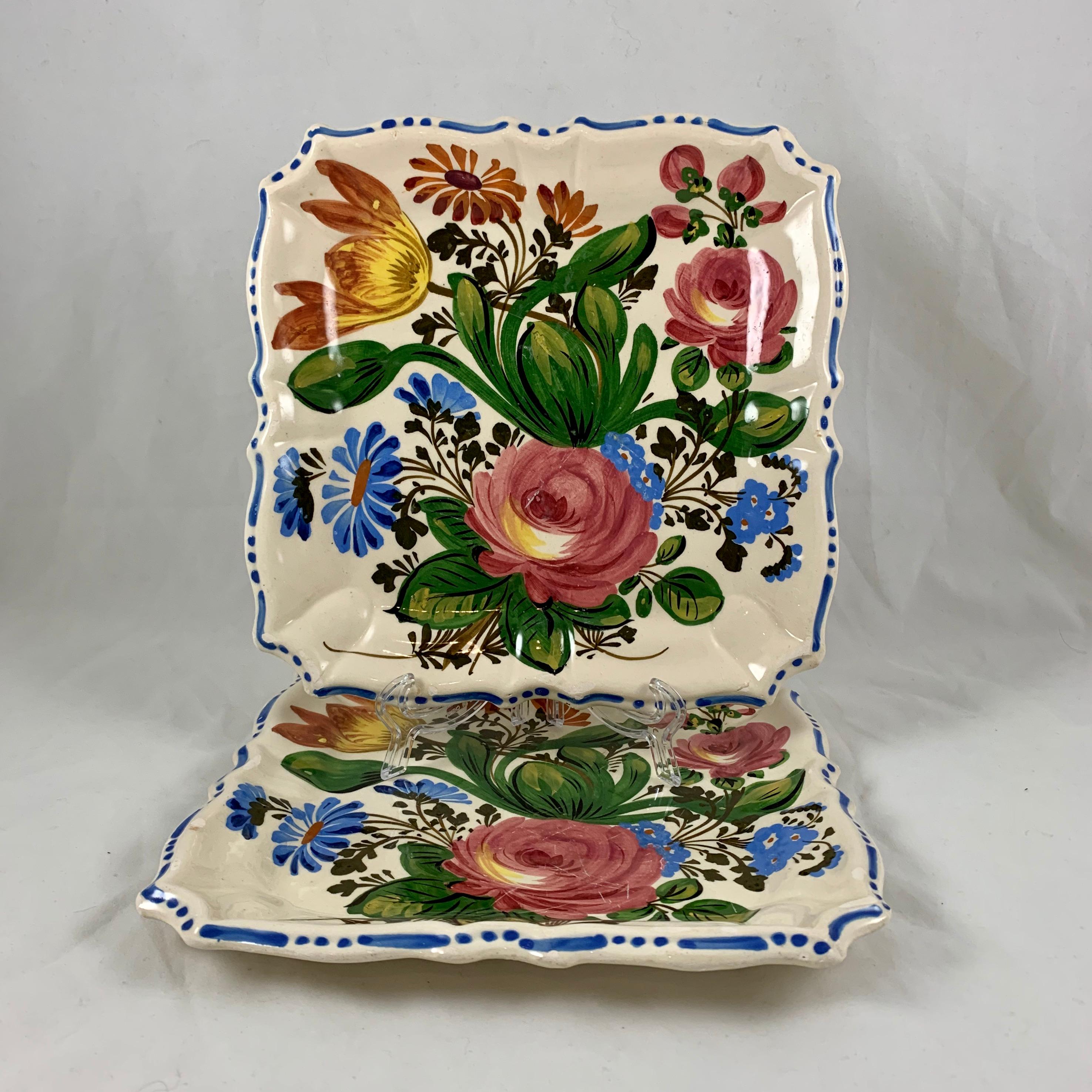 Earthenware Italian Renaissance Revival Faïence Floral Square Serving Platters, Set of Two For Sale