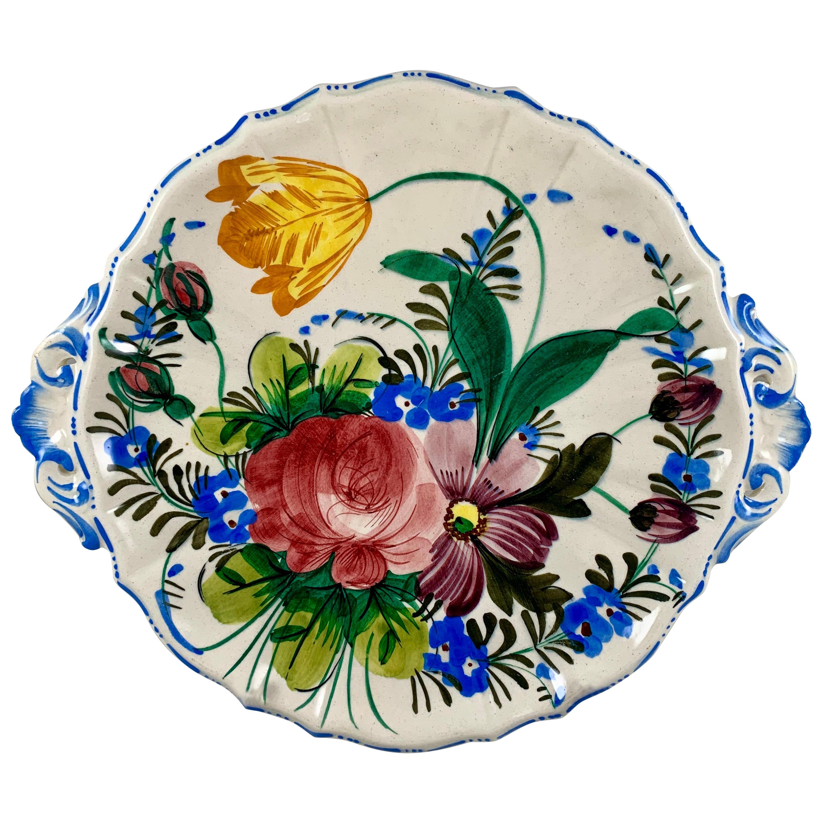 Italian Renaissance Revival Faïence Nove Rose Floral and Pierced Handled Platter
