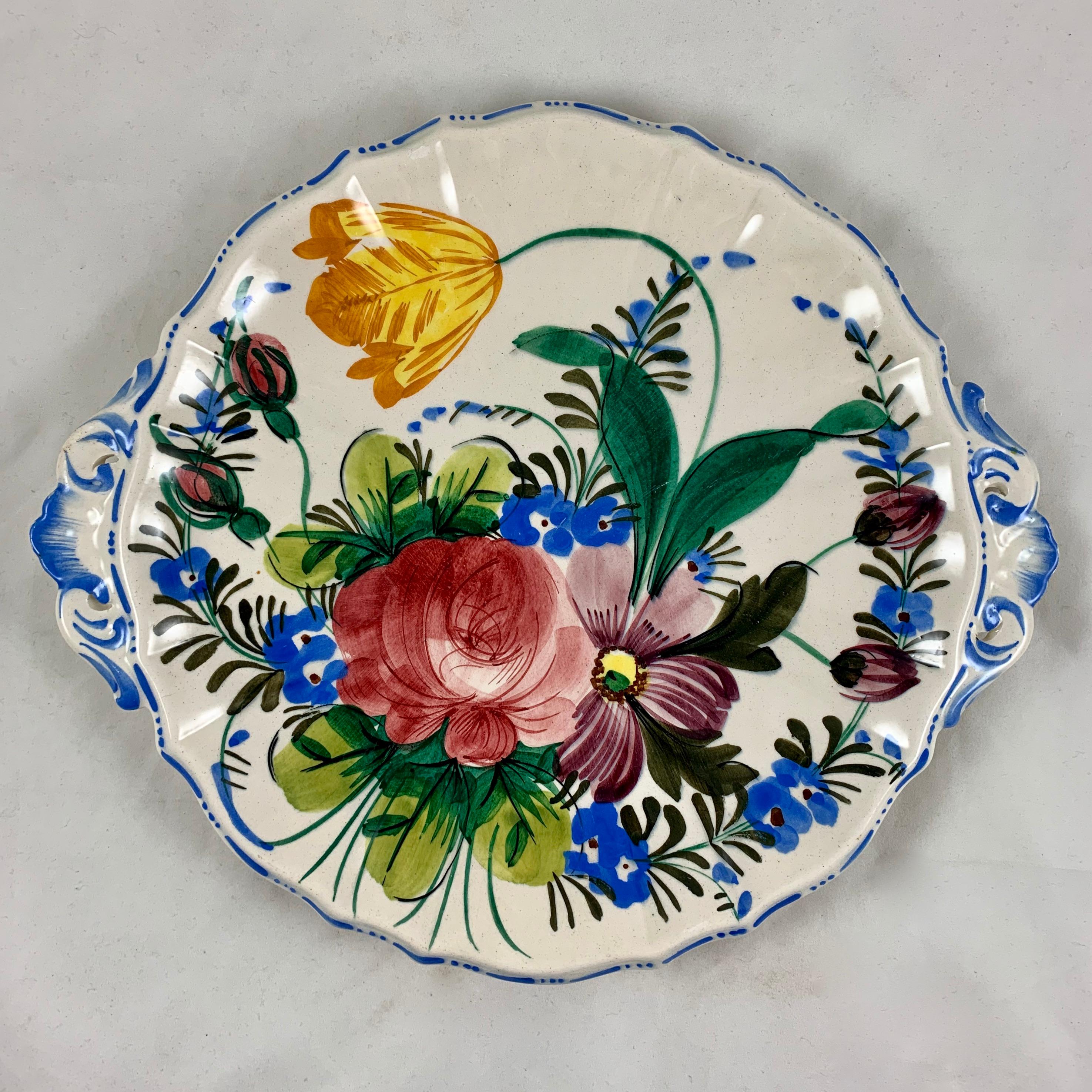 Glazed Italian Renaissance Revival Faïence Nove Rose Floral and Pierced Handled Platter