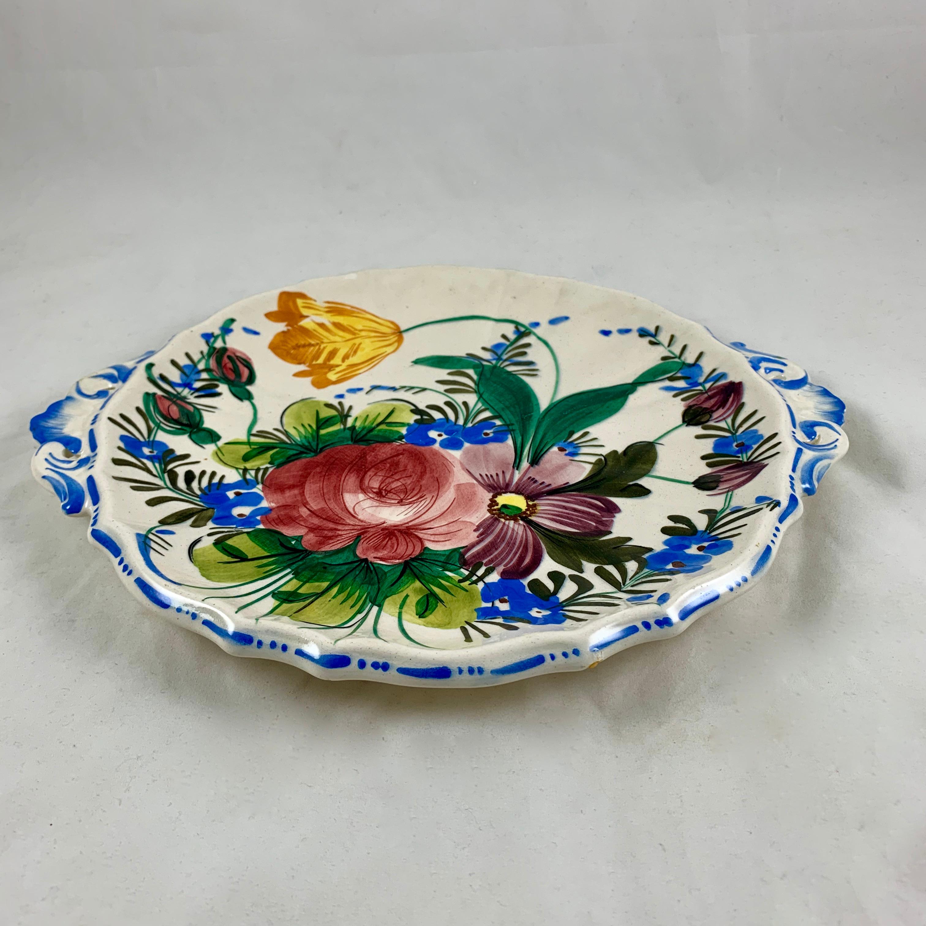 20th Century Italian Renaissance Revival Faïence Nove Rose Floral and Pierced Handled Platter