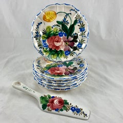 Italian Renaissance Revival Faïence Nove Rose Floral Plates & Pie Slice Set of 7