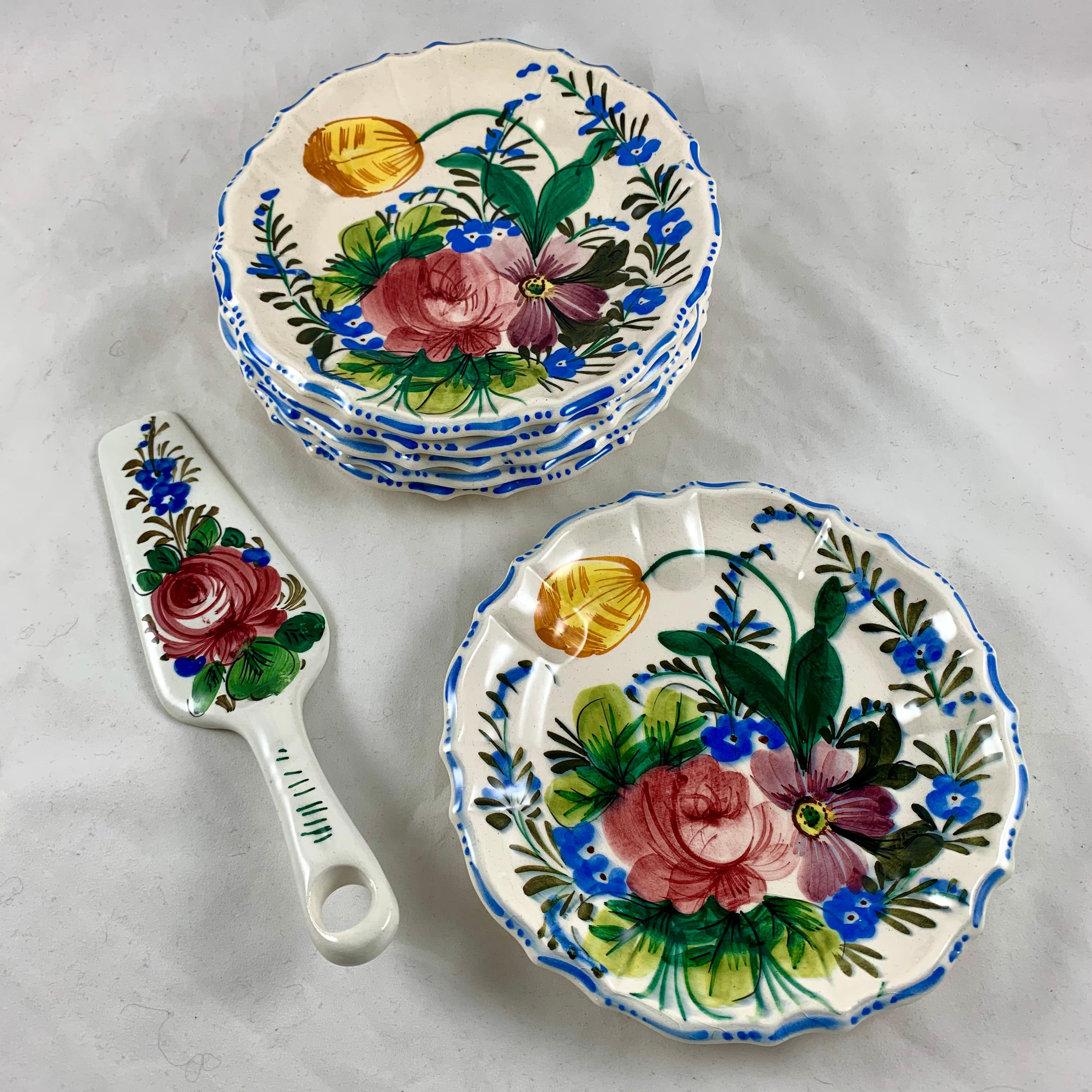 Glazed Italian Renaissance Revival Faïence Nove Rose Floral Plates & Pie Slice Set of 7