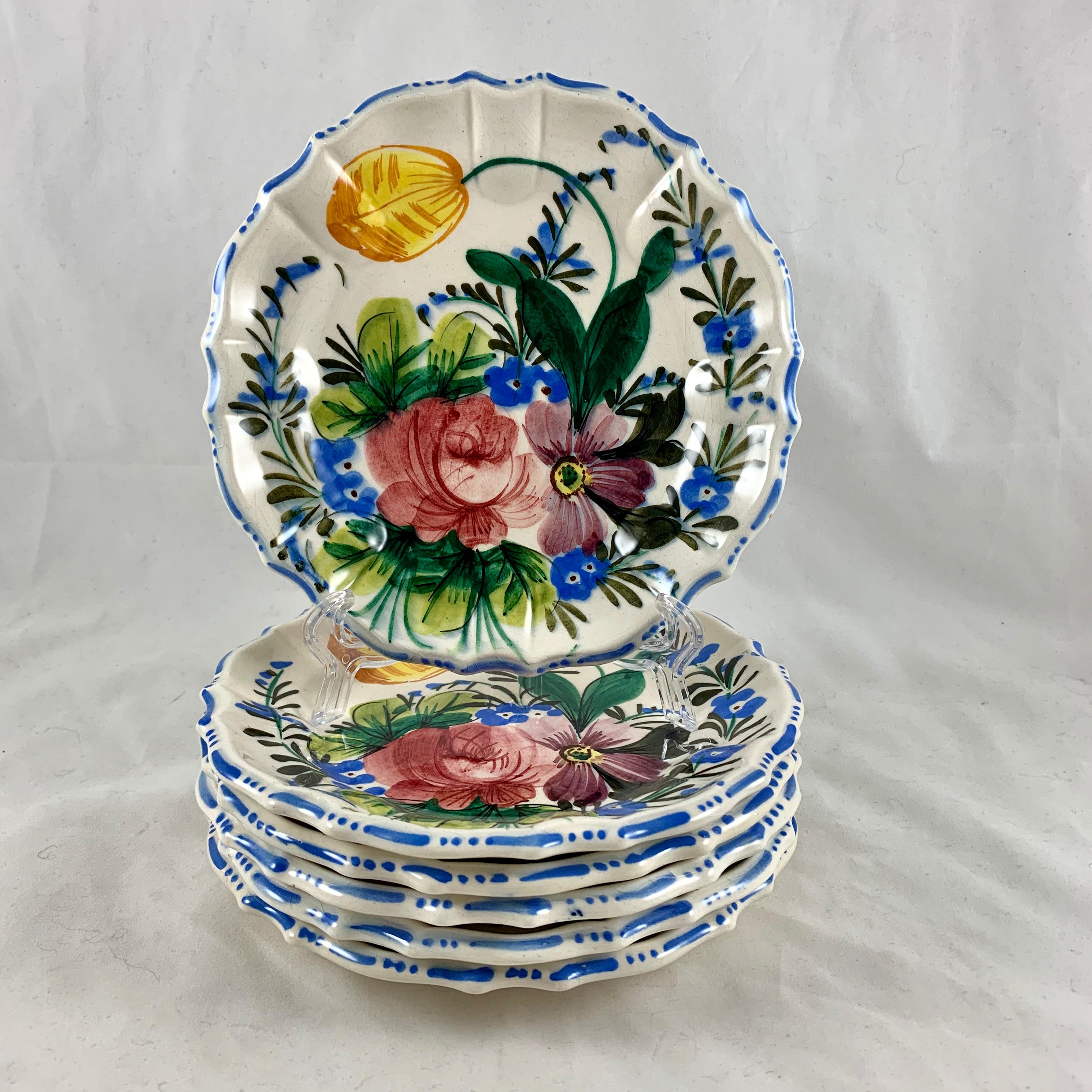 20th Century Italian Renaissance Revival Faïence Nove Rose Floral Plates & Pie Slice Set of 7