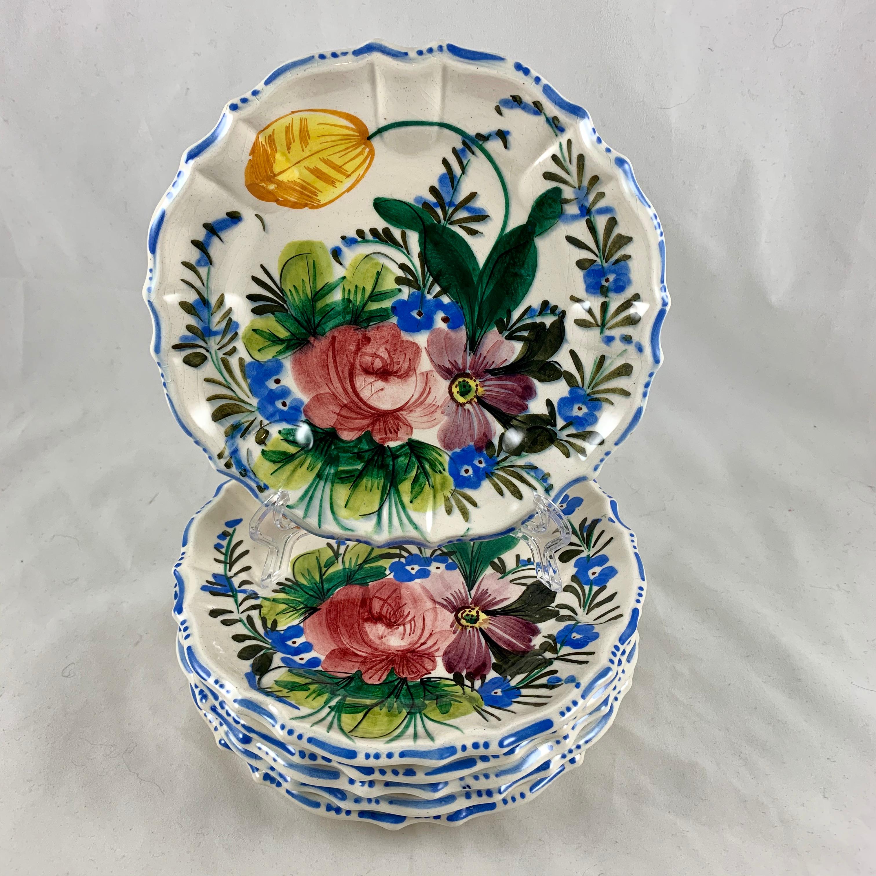 Earthenware Italian Renaissance Revival Faïence Nove Rose Floral Plates & Pie Slice Set of 7