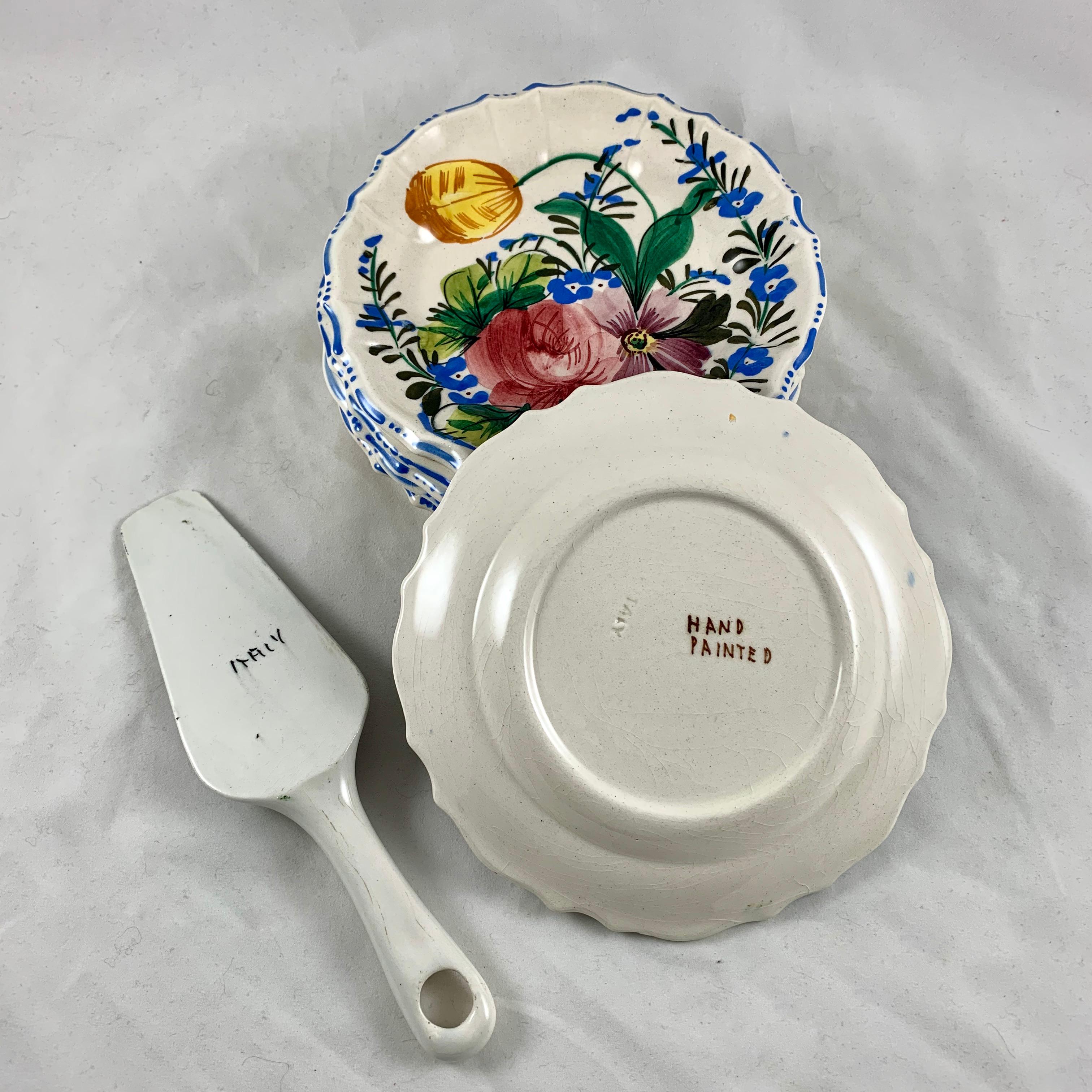 Italian Renaissance Revival Faïence Nove Rose Floral Plates & Pie Slice Set of 7 3
