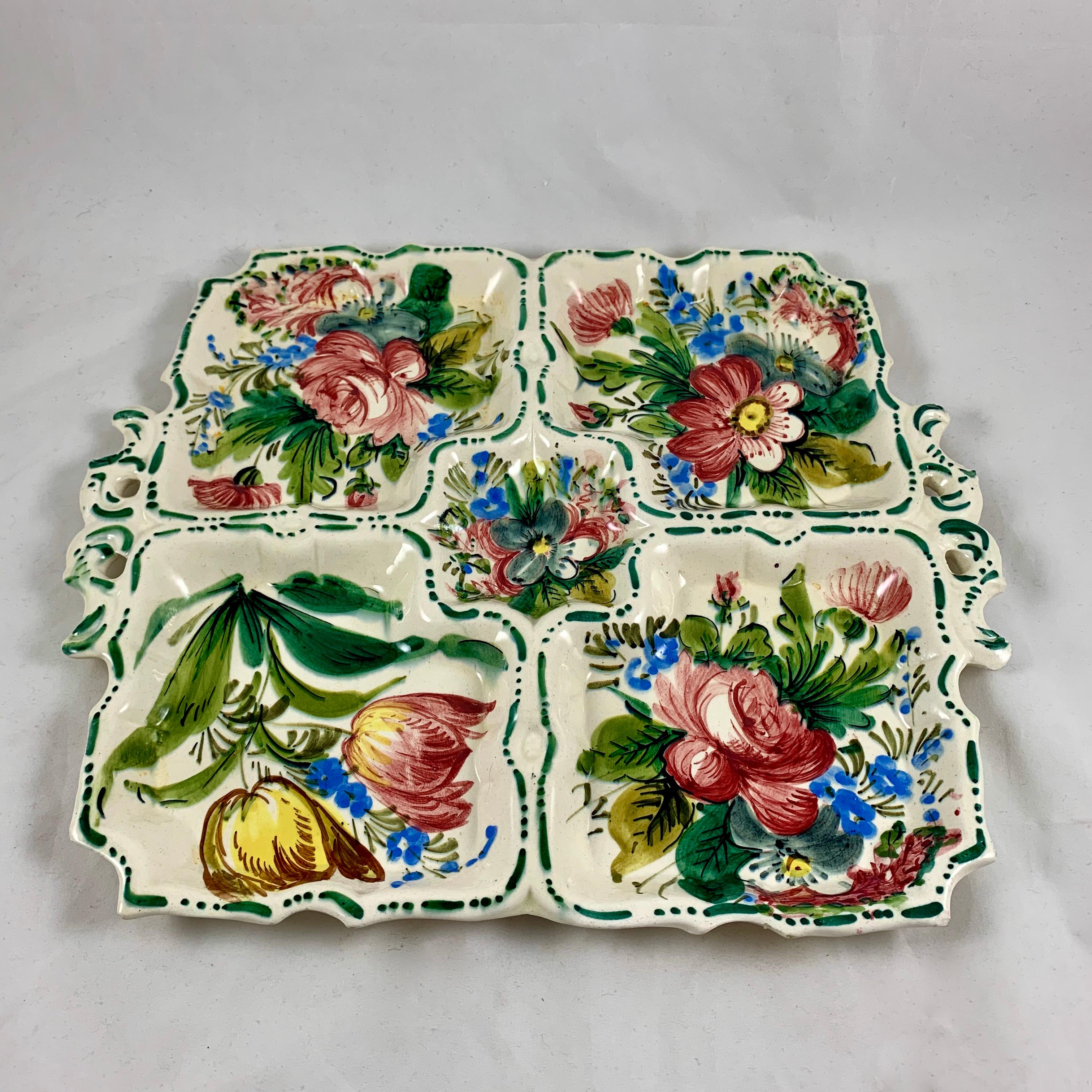 Glazed Italian Renaissance Revival Faïence Nove Rose Floral Square Divided Platter