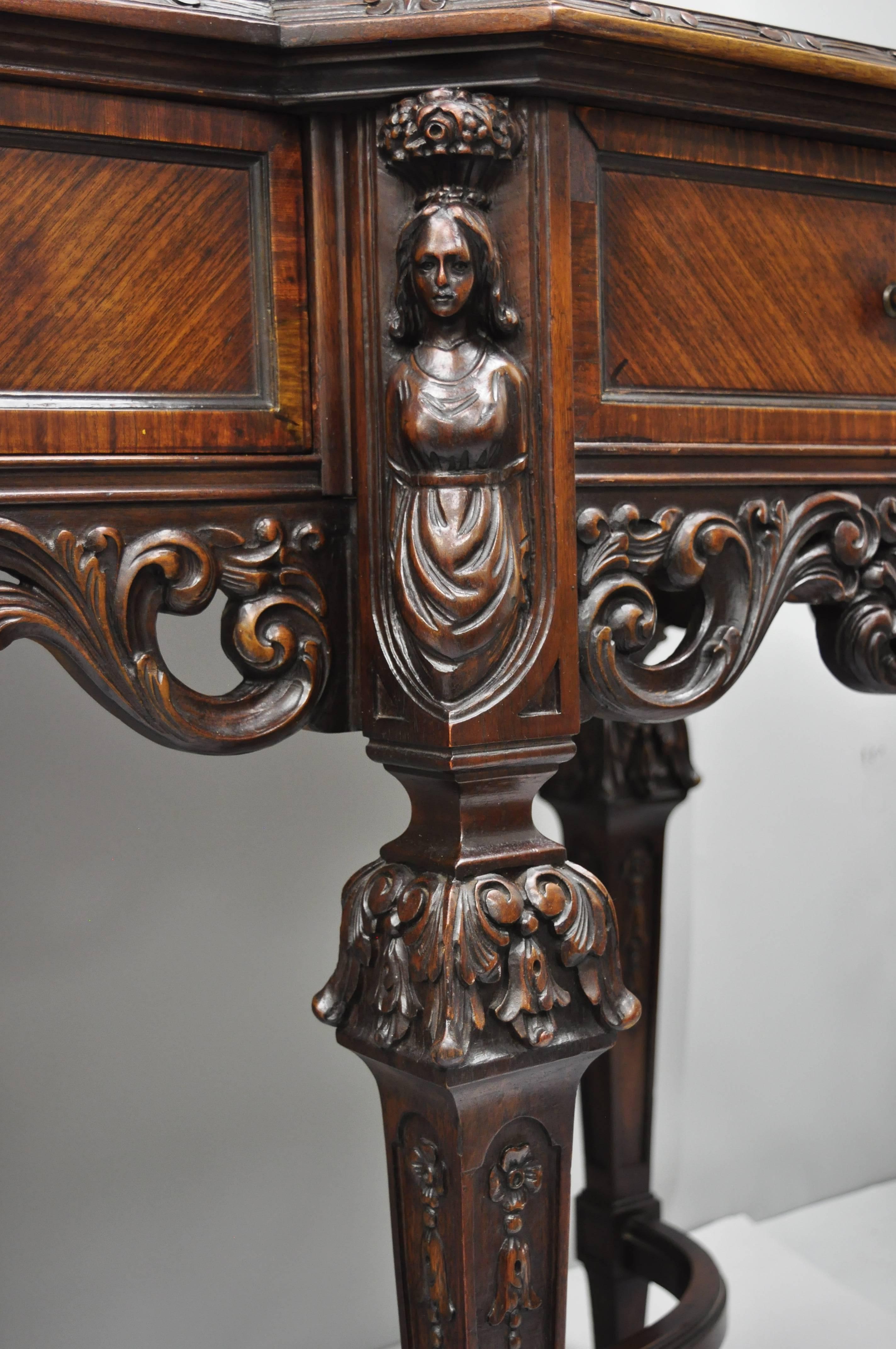 Antique Italian Renaissance Revival / French baroque style figural carved walnut sideboard. Item features rour carved female figures, shell and floral scroll work, ornately carved stretcher, long substantial size and form, very impressive sideboard,