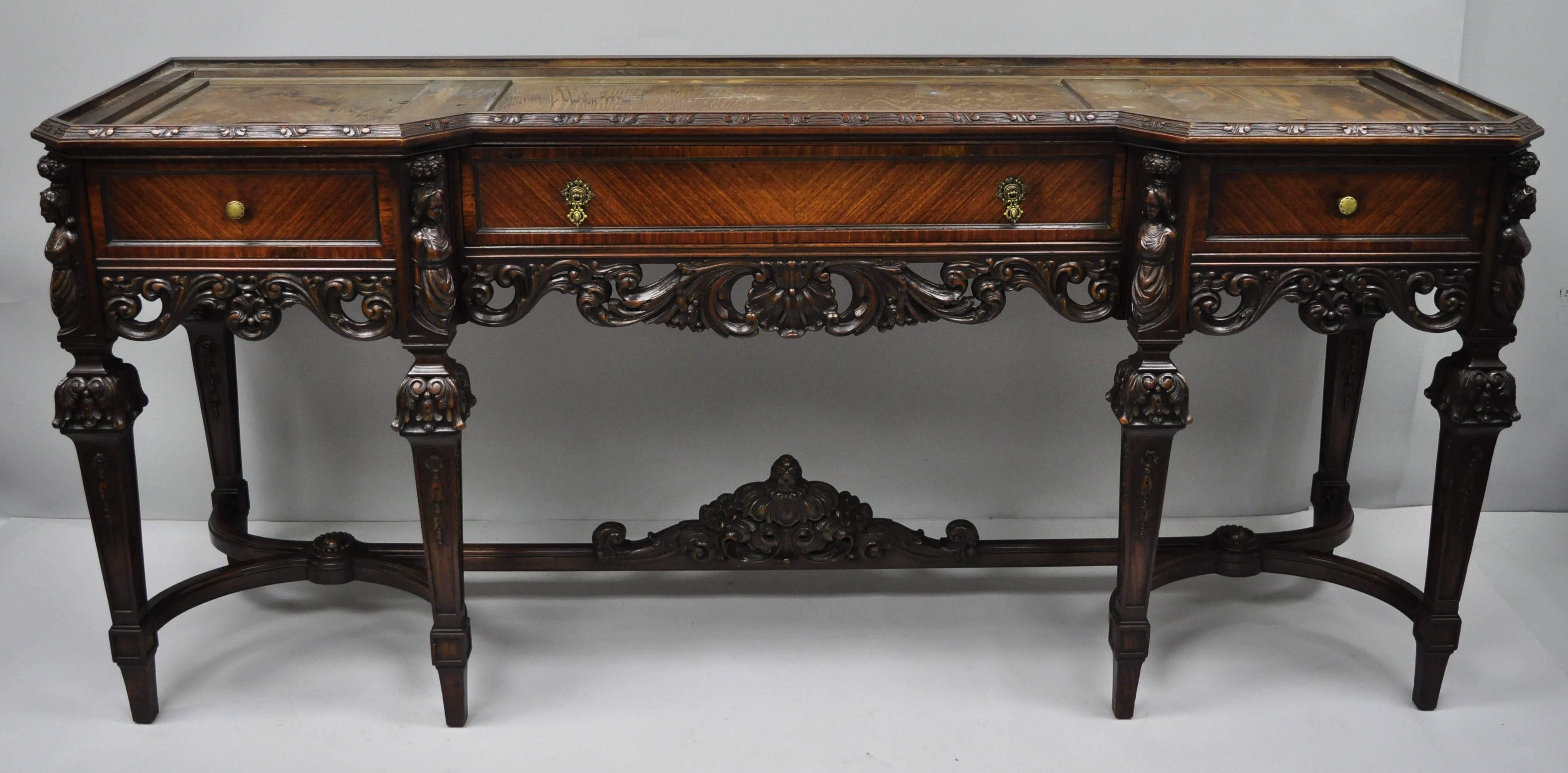Italian Renaissance Revival French Baroque Style Figural Carved Walnut Sideboard In Good Condition In Philadelphia, PA