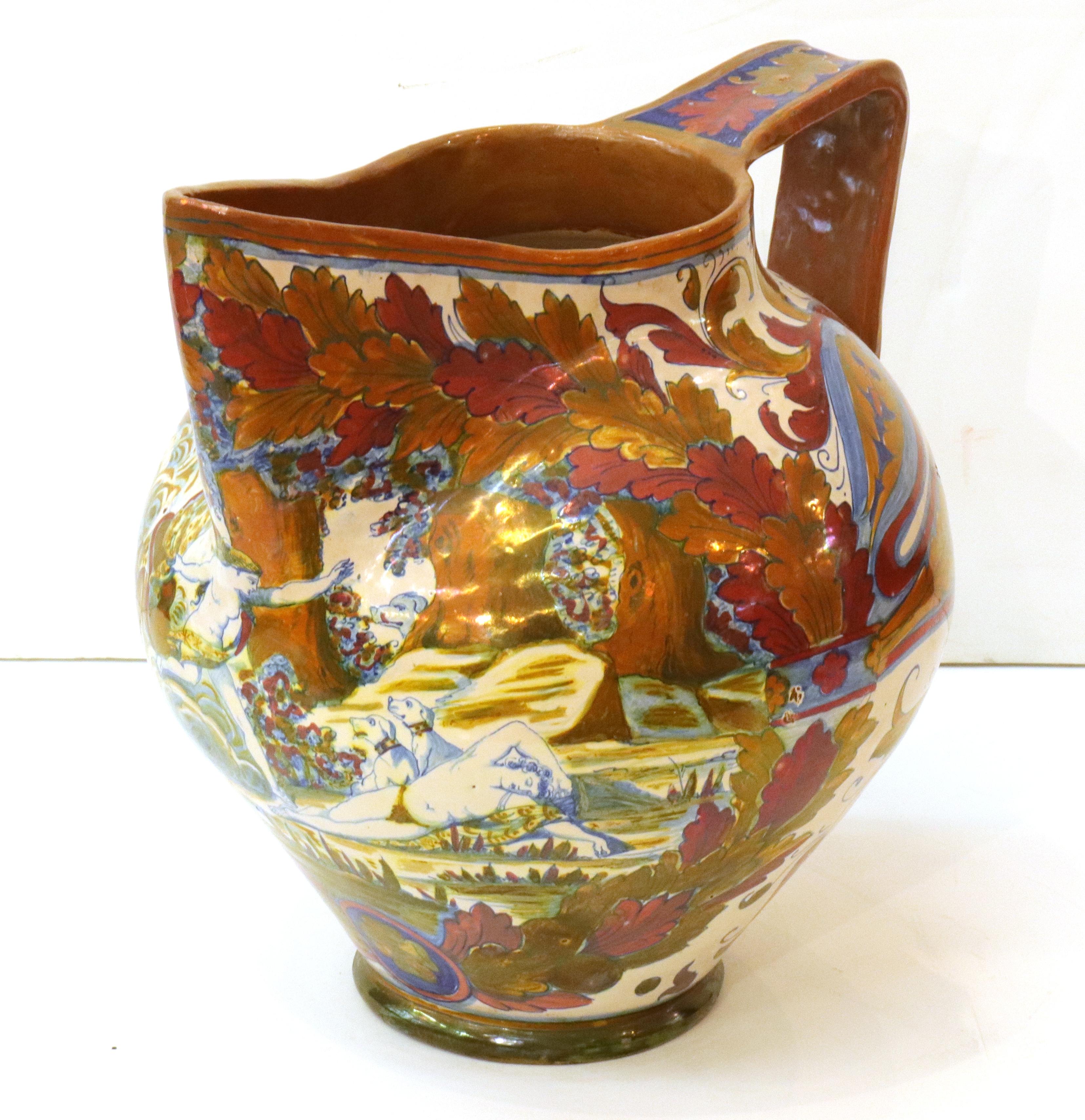 Italian Renaissance Revival large painted ceramic lusterware vessel in pitcher form. The piece has a painted front with a Renaissance inspired scene and a refined metallic iridescent glaze. Made in Italy during the 19th century, the piece is marked