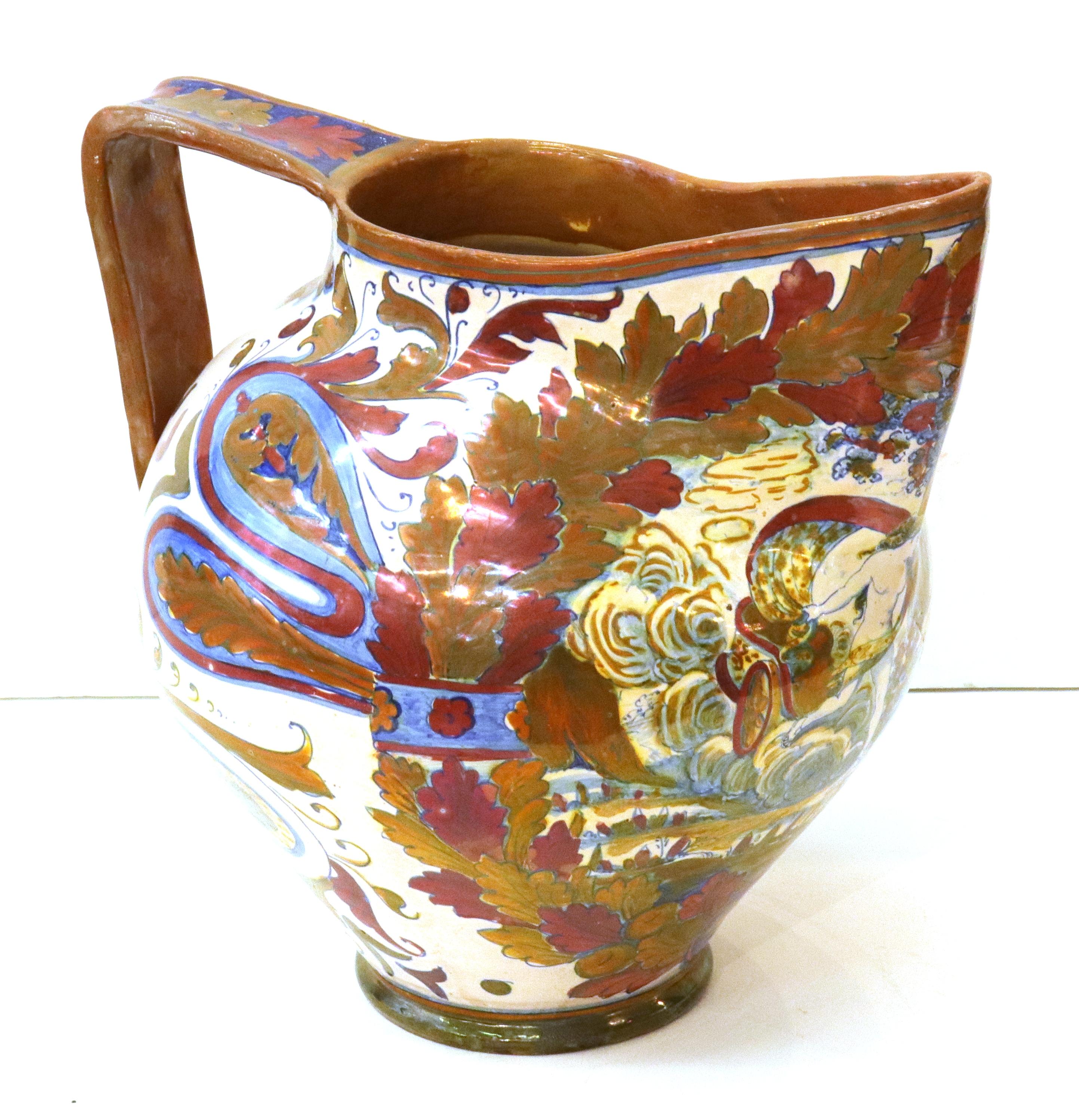 Italian Renaissance Revival Painted Ceramic Lusterware Pitcher In Good Condition For Sale In New York, NY