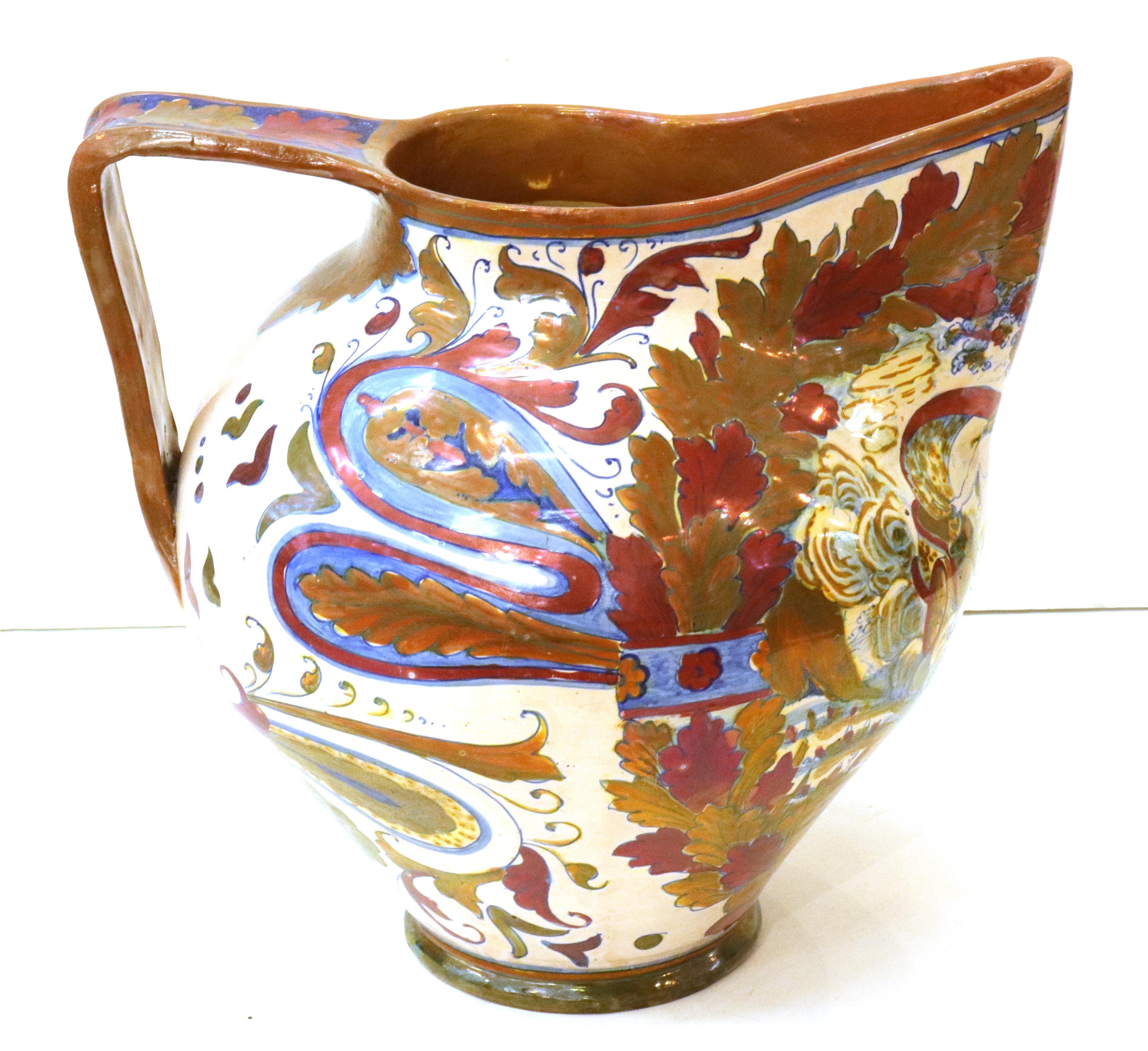 19th Century Italian Renaissance Revival Painted Ceramic Lusterware Pitcher For Sale