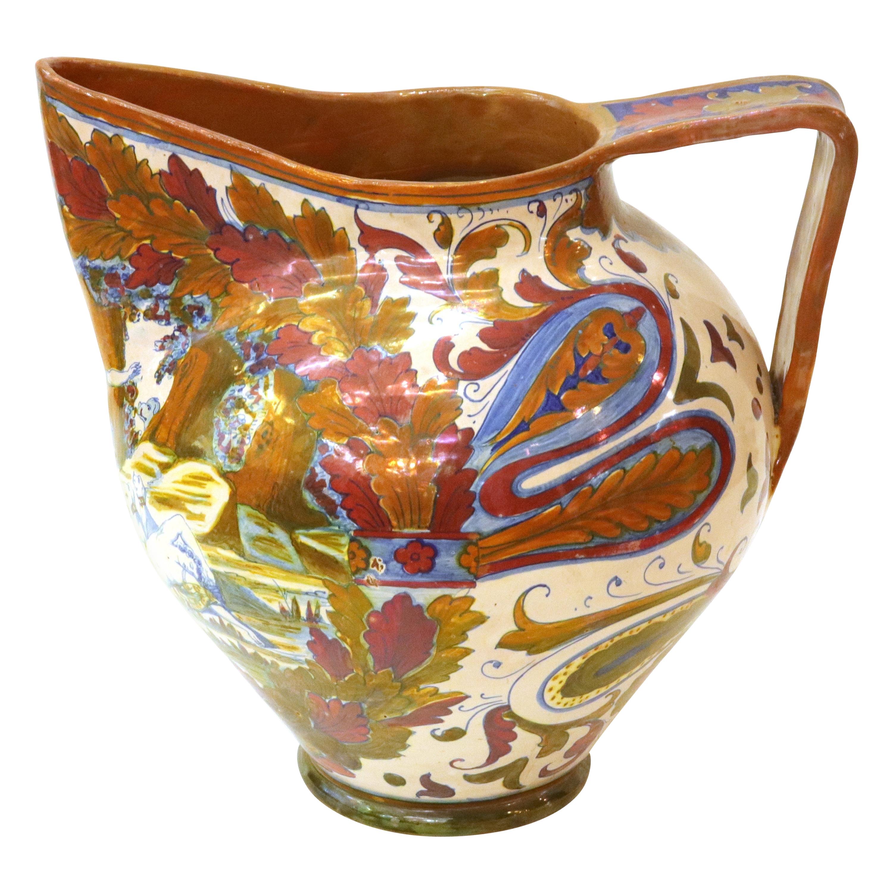 Italian Renaissance Revival Painted Ceramic Lusterware Pitcher For Sale