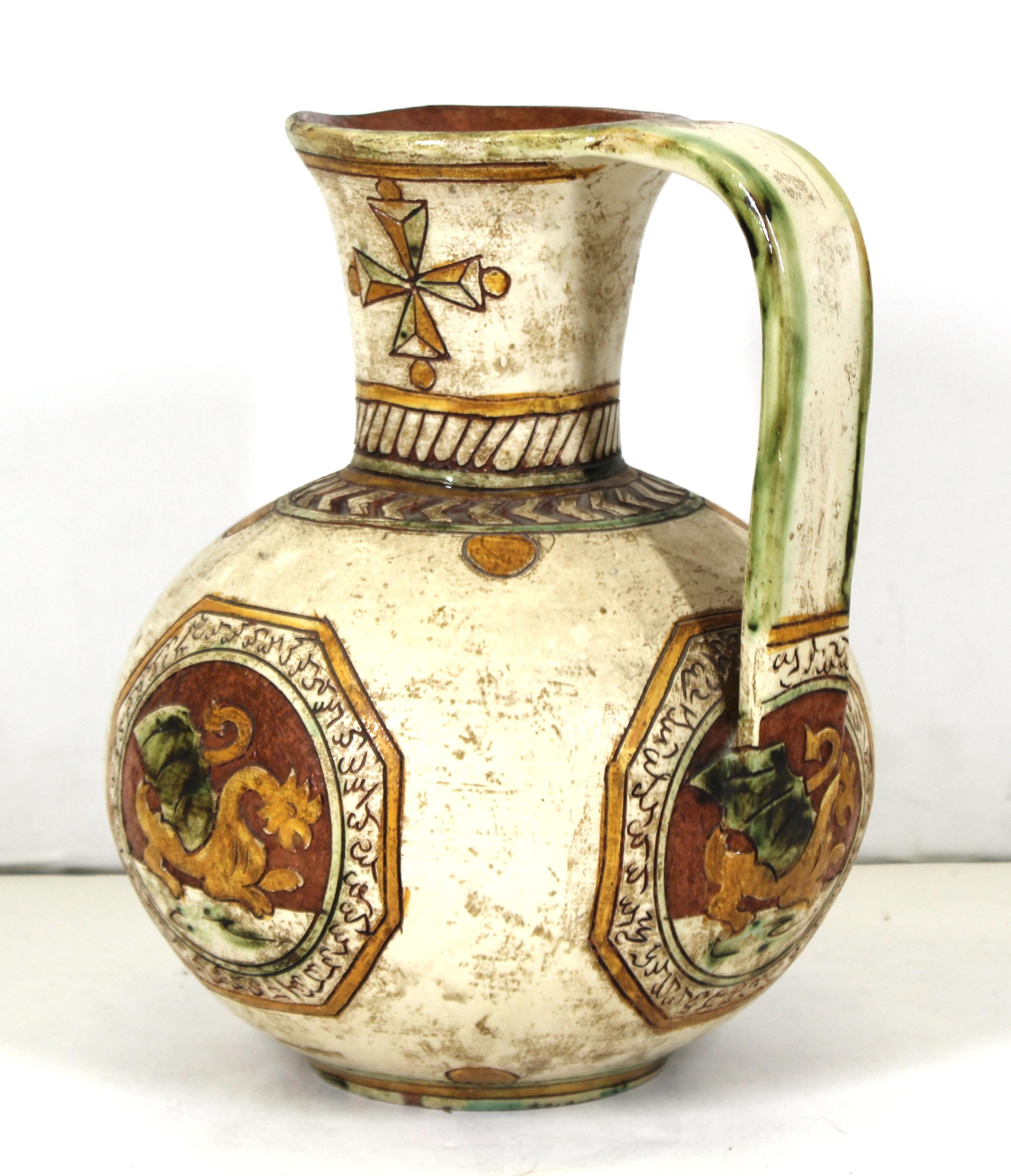 Italian Renaissance Revival Sgraffito Ceramic Pitcher with Dragon Motif In Good Condition For Sale In New York, NY